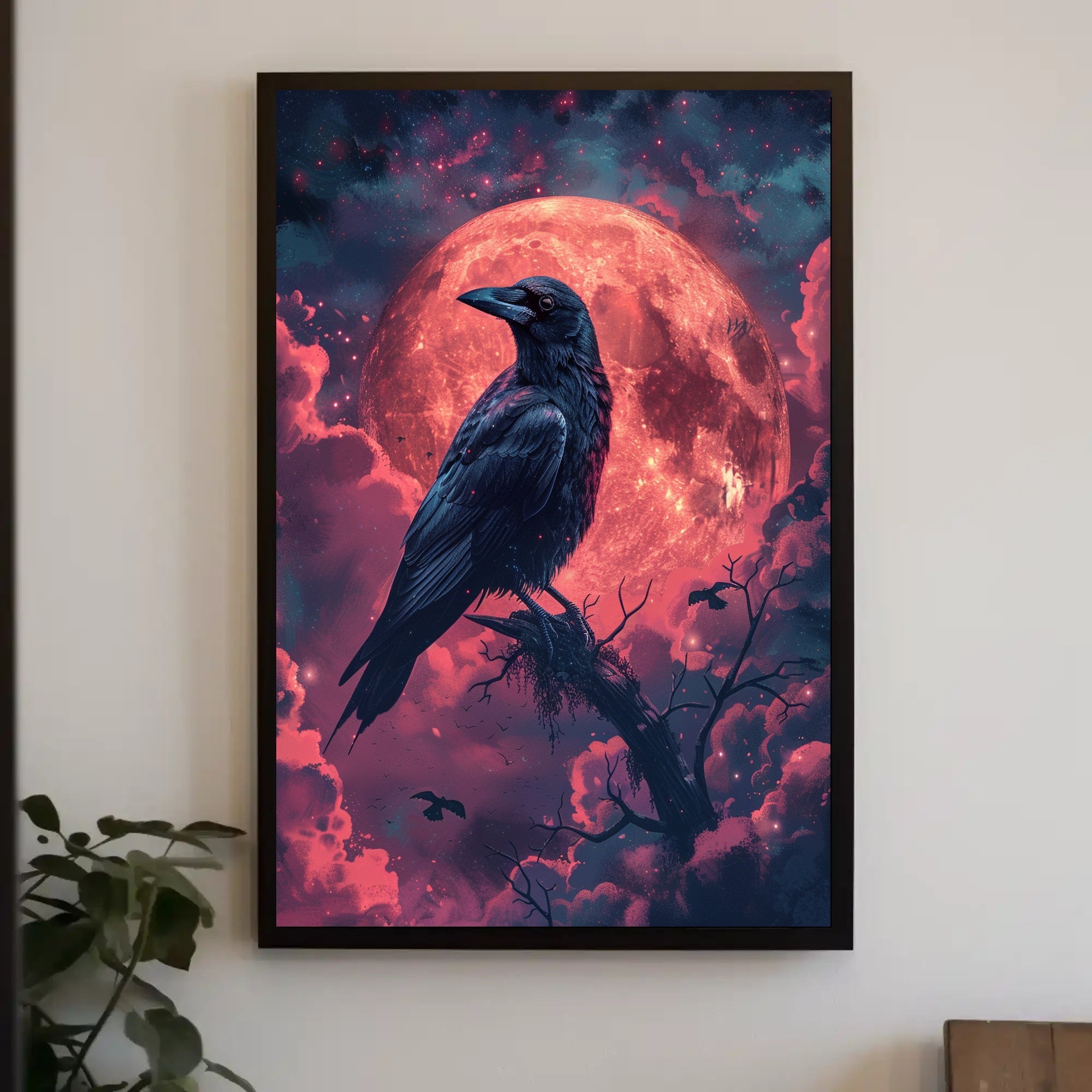 Mystical Raven Under Blood Moon Art Print Poster PosterGoat