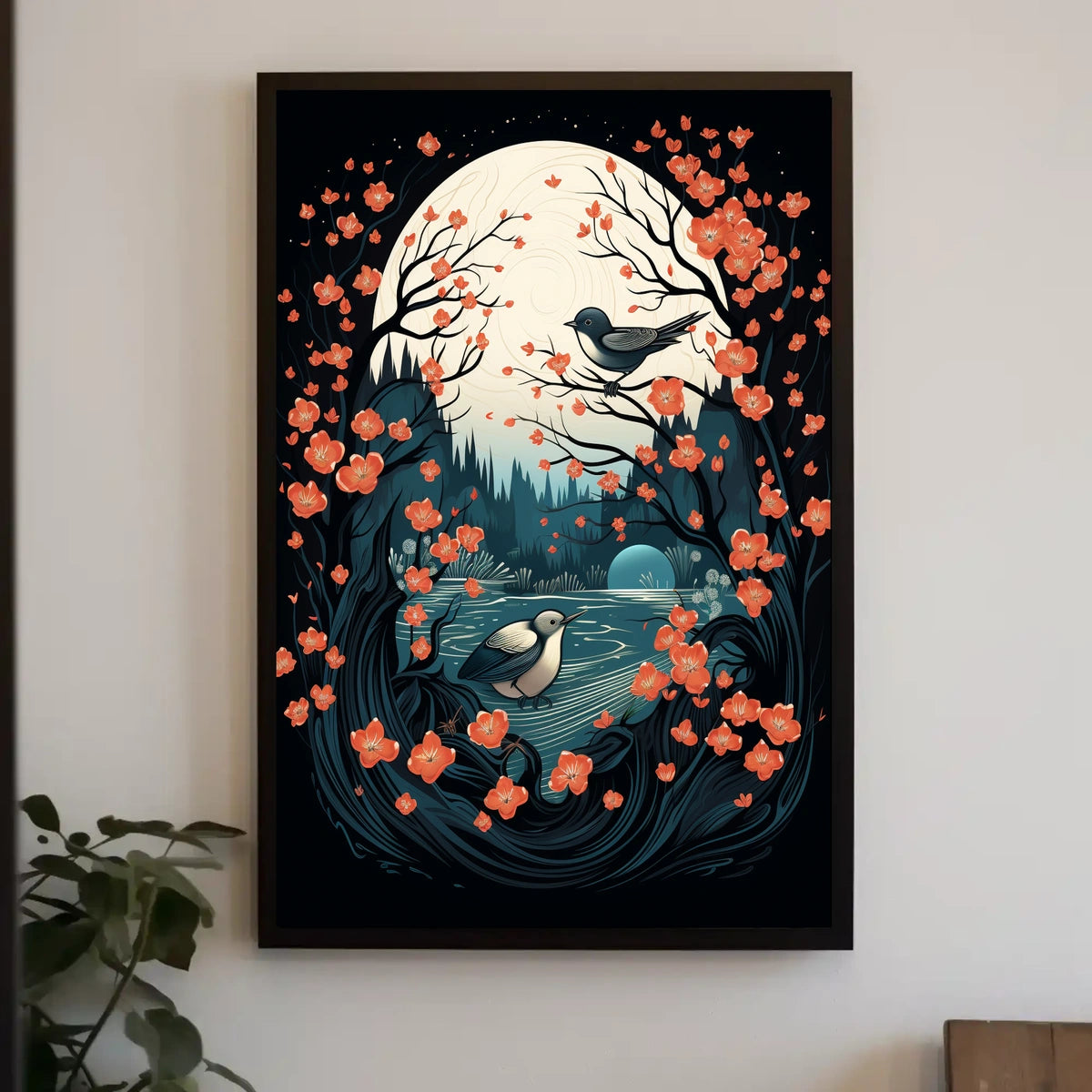 Serene Moonlit Birds Nature Art Poster