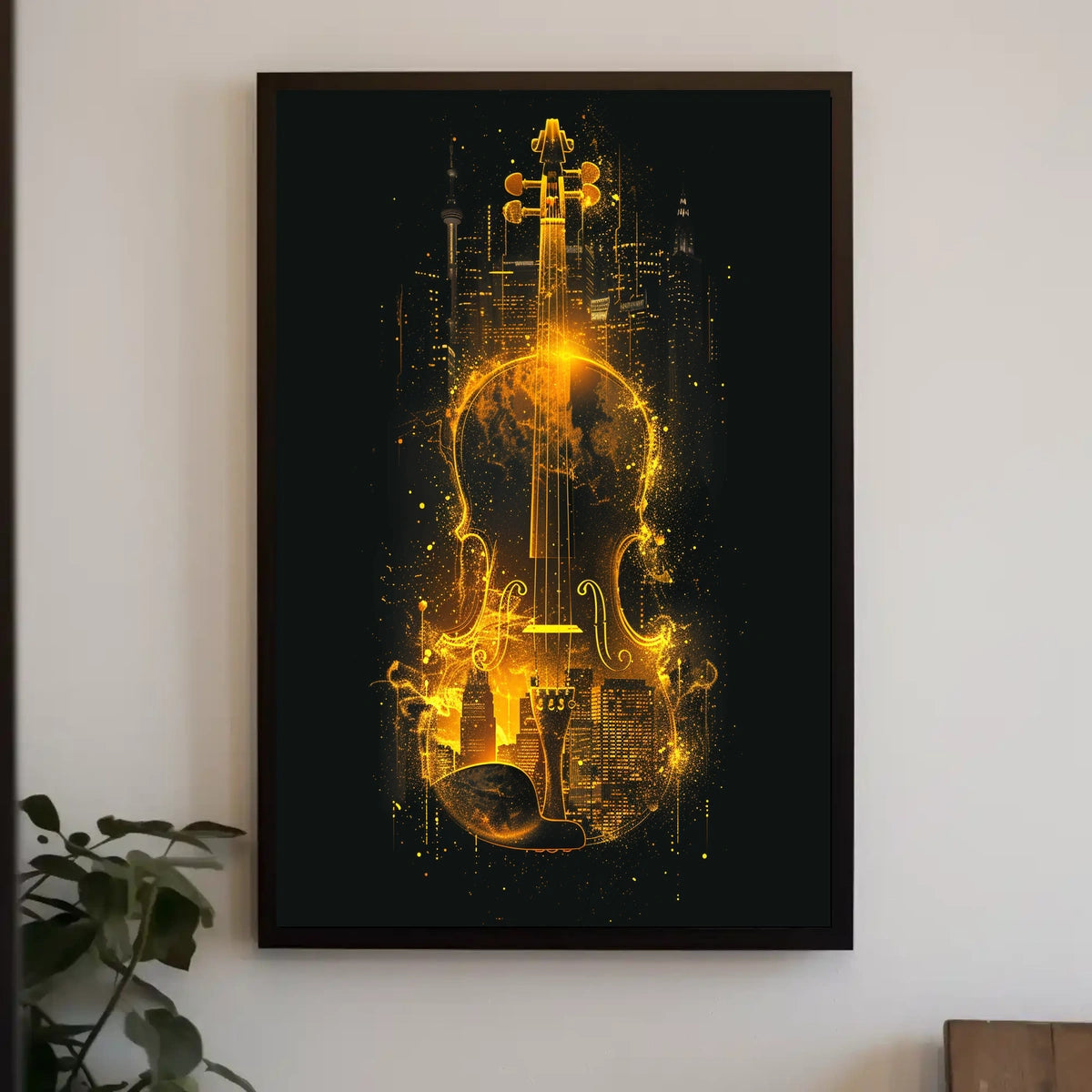 Symphony City Urban Music Vibe Violin Silhouette Impressionism Art Deco Golden Tones Nightlife Cityscape Poster
