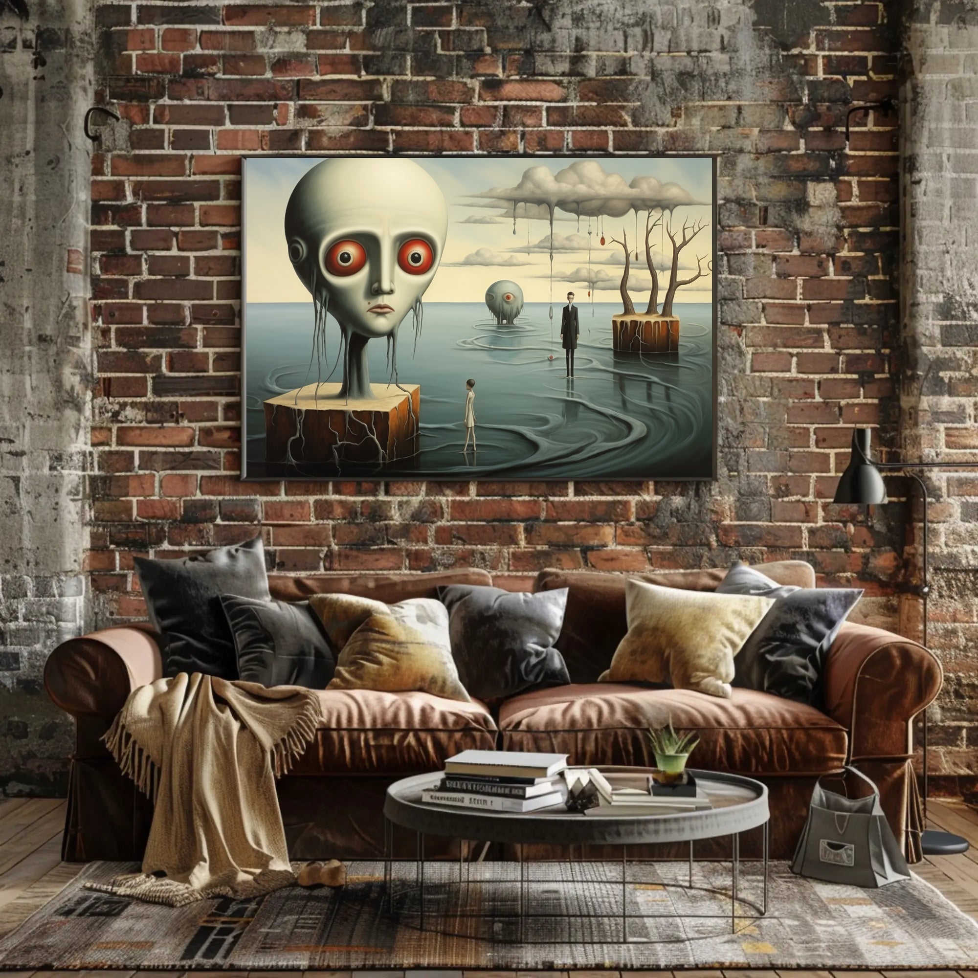 Dreamlike Landscape with Surreal Figures: Futuristic Sci-Fi Poster