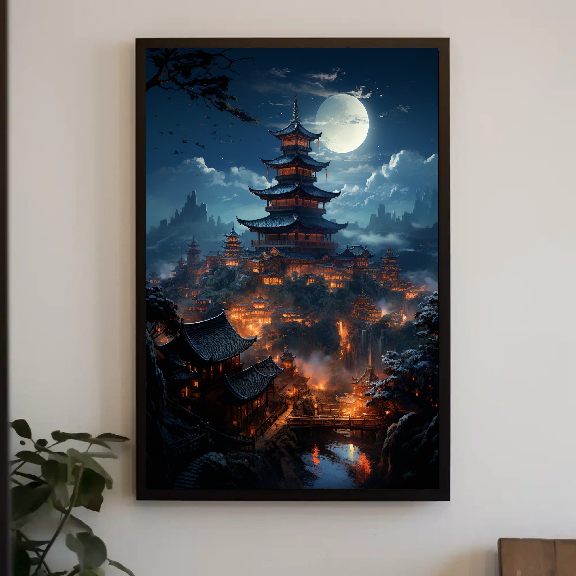 Moonlit Pagoda Village Poster