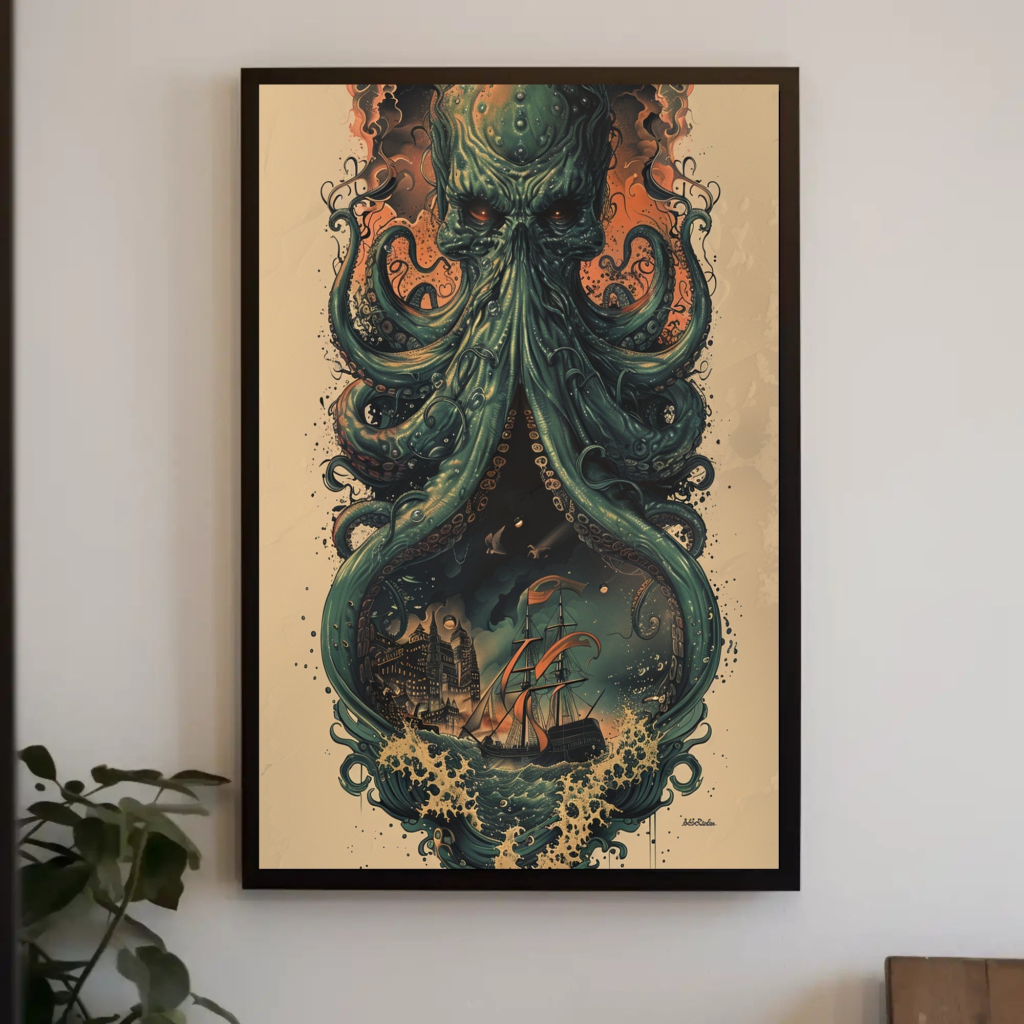 The Kraken Awakens Art Print Poster for Home Decor and Wanderlust Enthusiasts PosterGoat