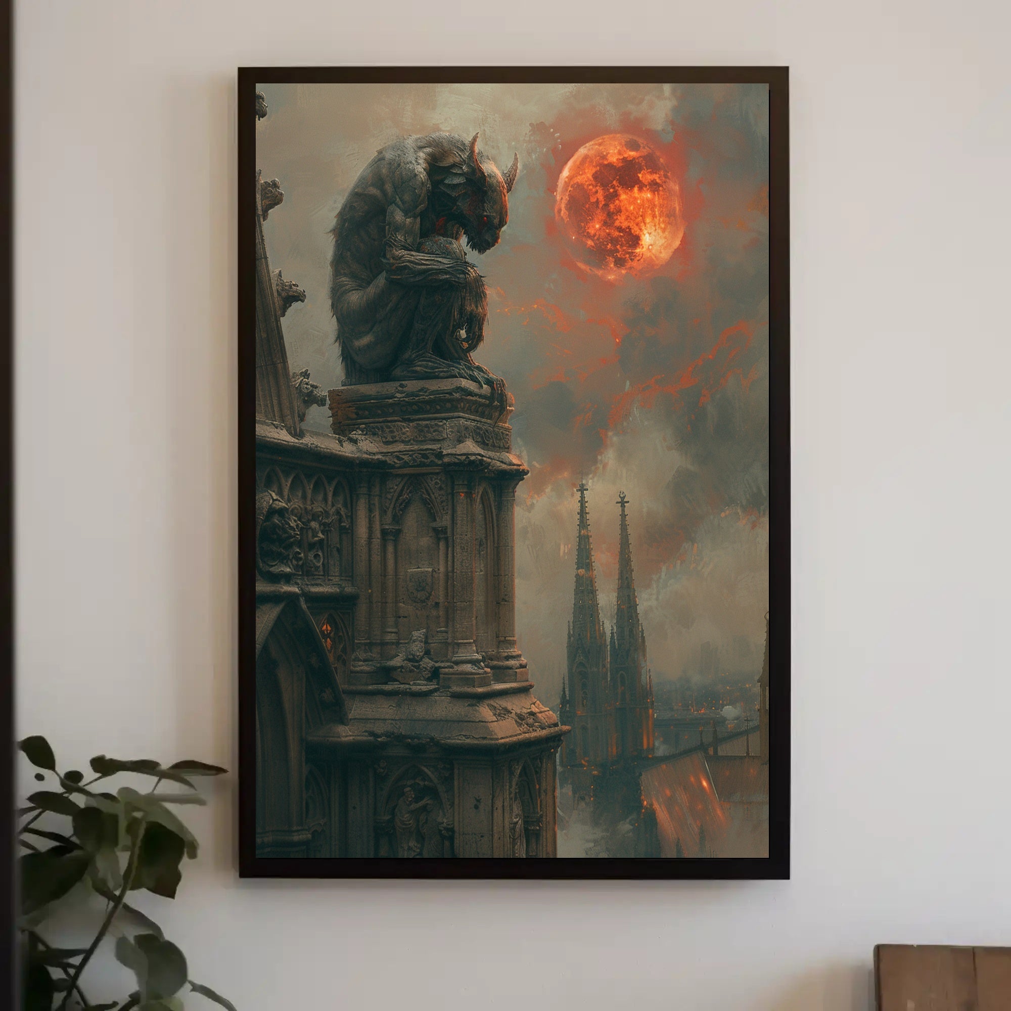 Gothic Gargoyle Under a Fiery Moon Fantasy Poster PosterGoat