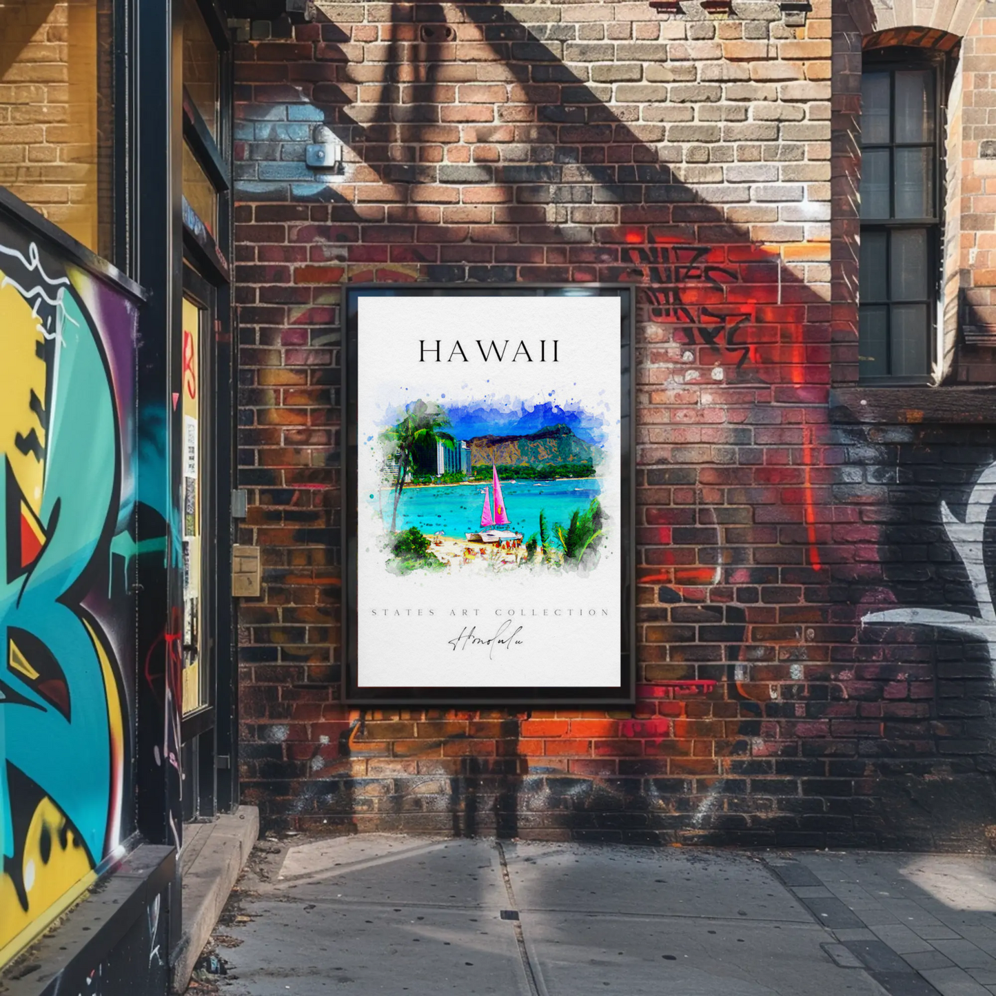 Hawaii Honolulu Sailboat Watercolor Skyline Poster