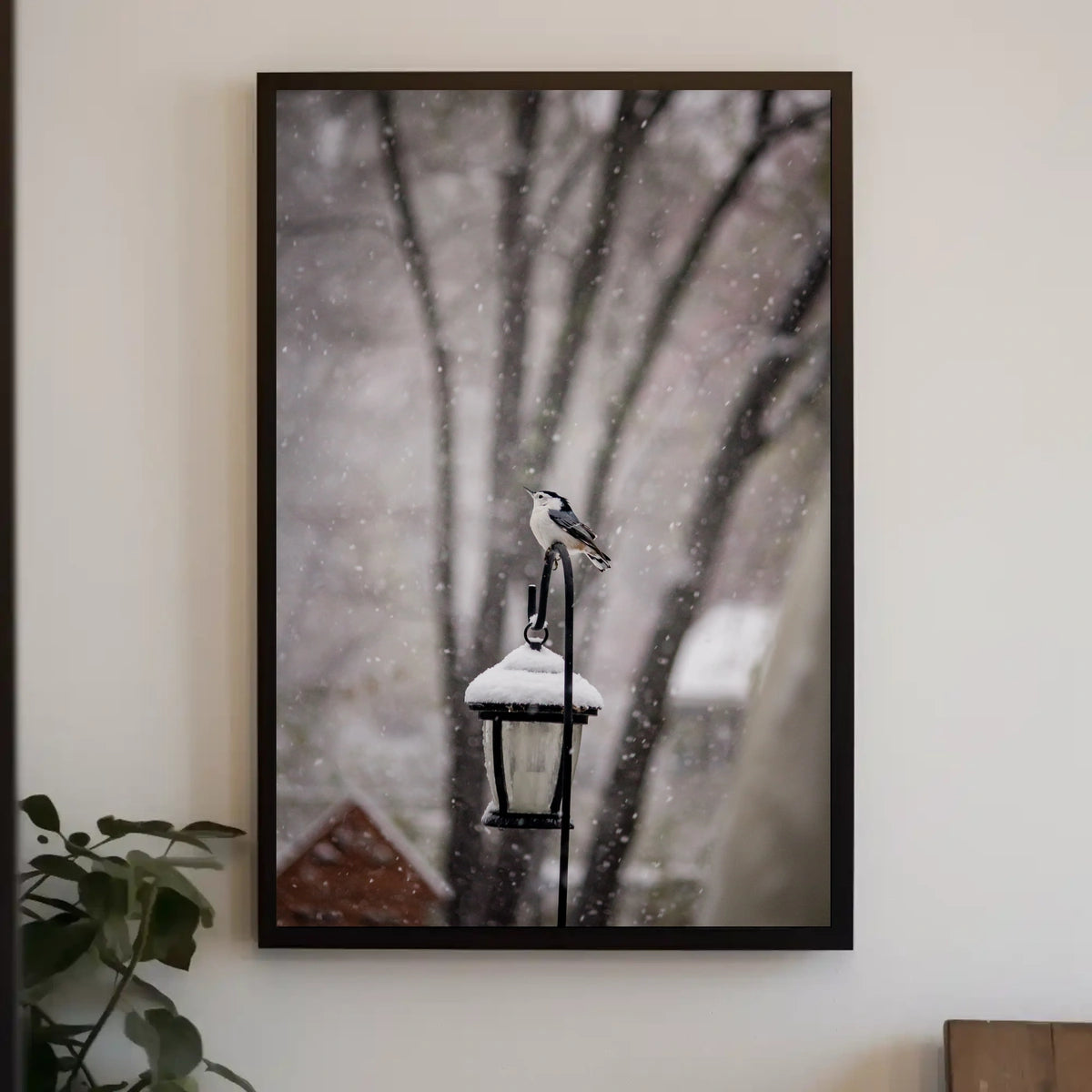 Winter Bird on Snow-Covered Lantern: Animal Poster
