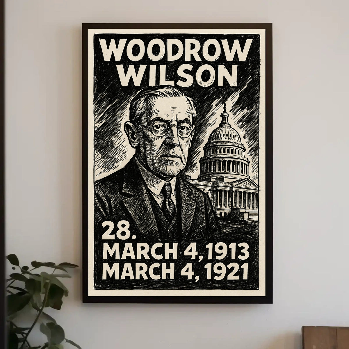 Woodrow Wilson 28th President of the United States B & W Comic Sketch Poster