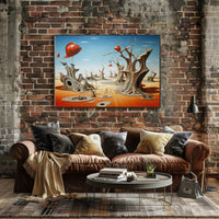 Surreal Desert Dreamscape With Whimsical Fish Objects - Artistic Poster