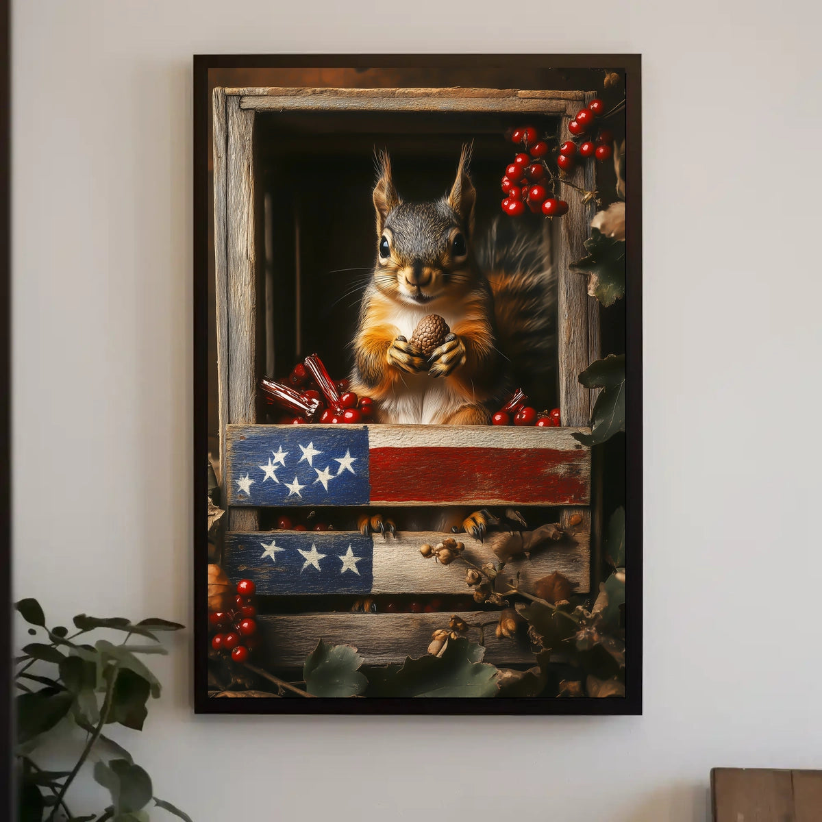 squirrel sitting upright inside a wooden crate Poster