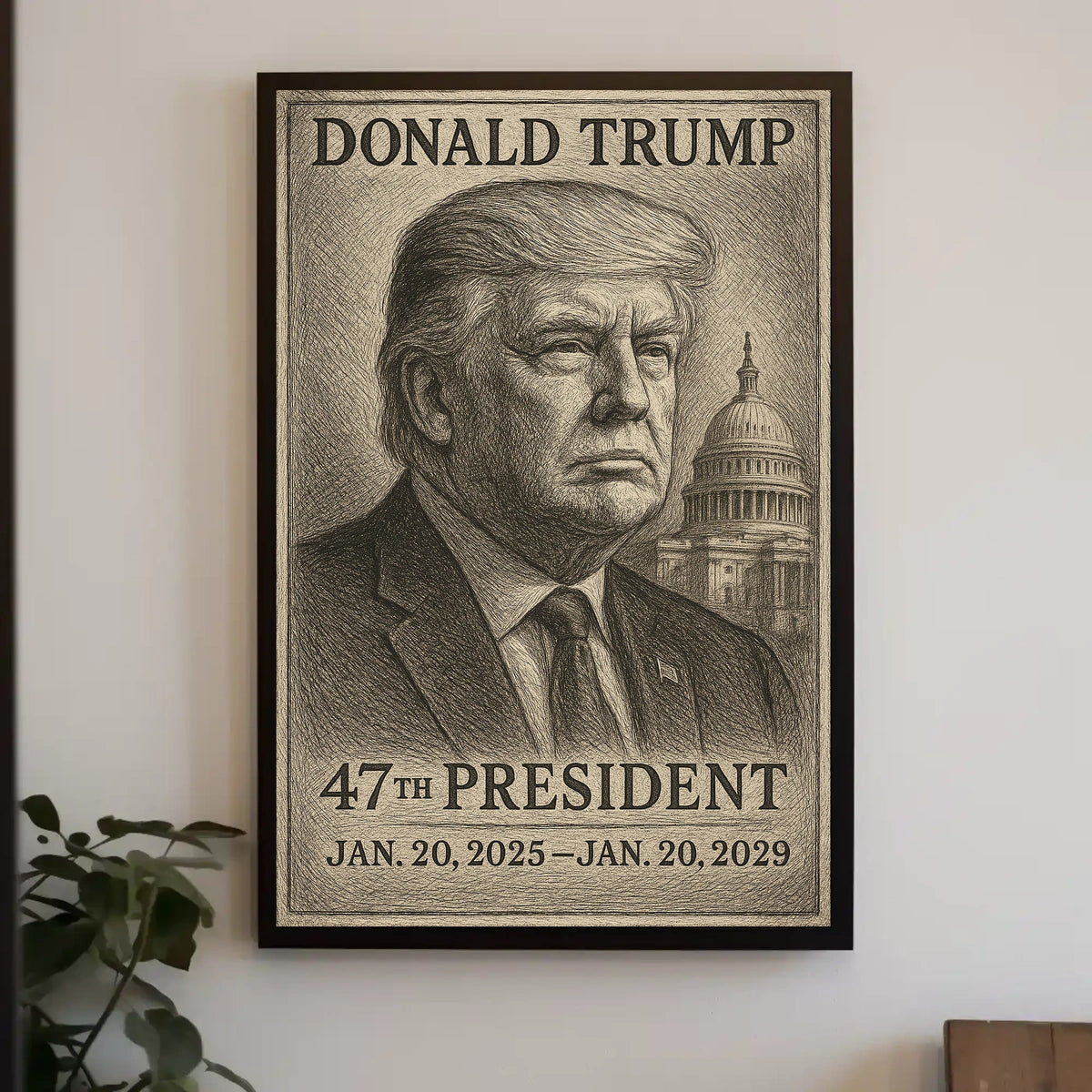 Donald Trump Reflective Leader Capitol Engraving Realism Patriotic Contemplative Poster