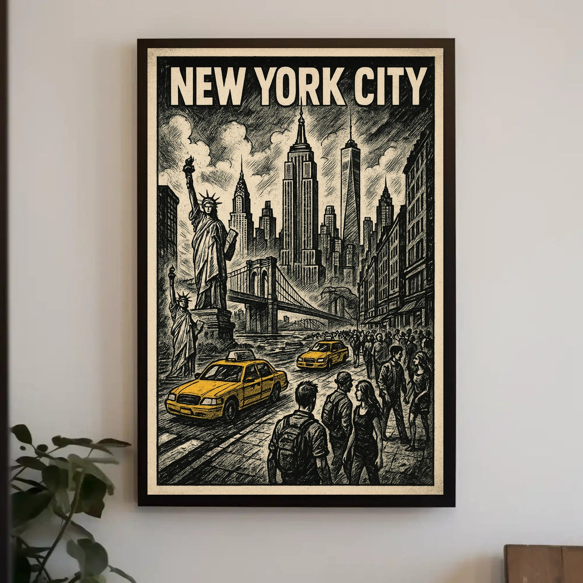 New York City Poster Vintage Travel Skyline Sketch Wall Art