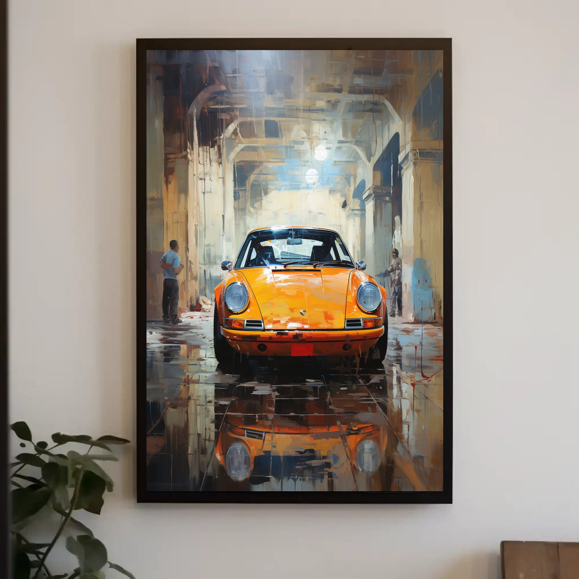 Yellow Sports Car Industrial Garage