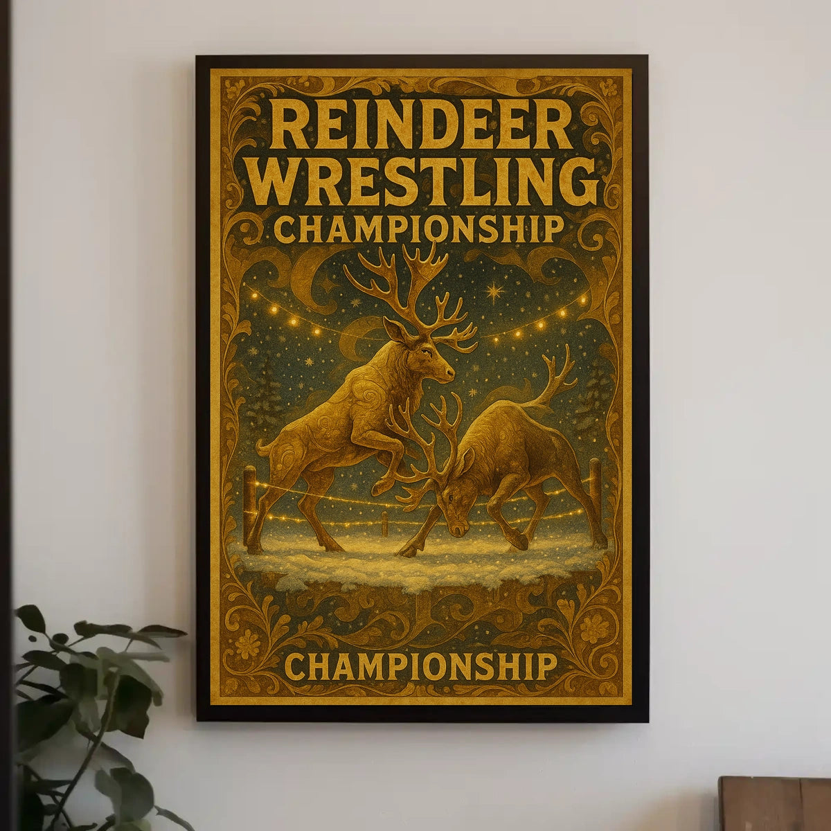 Reindeer Wrestling Vintage Fantasy Mythology Poster