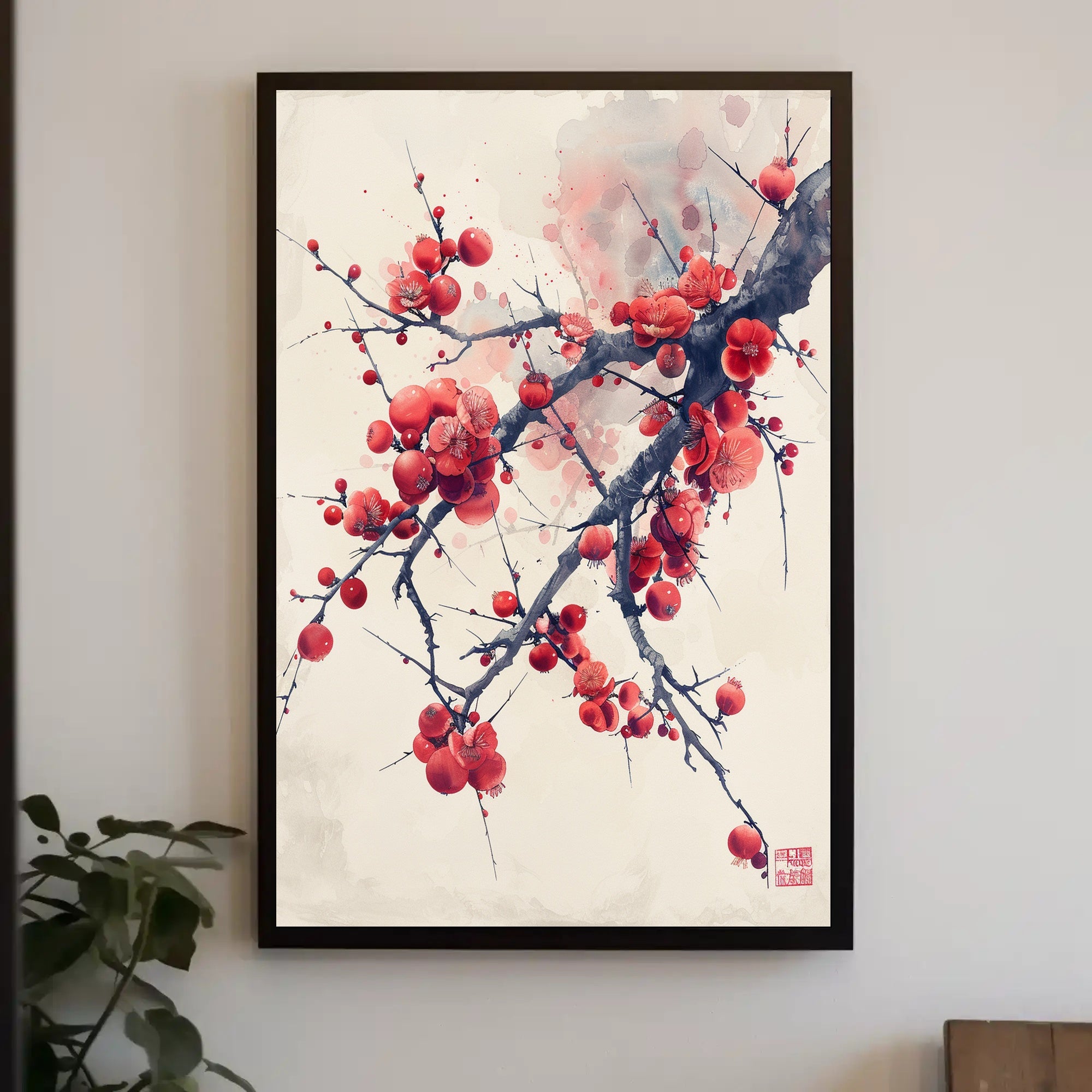 Elegant Red Plum Blossoms Artistic Poster PosterGoat