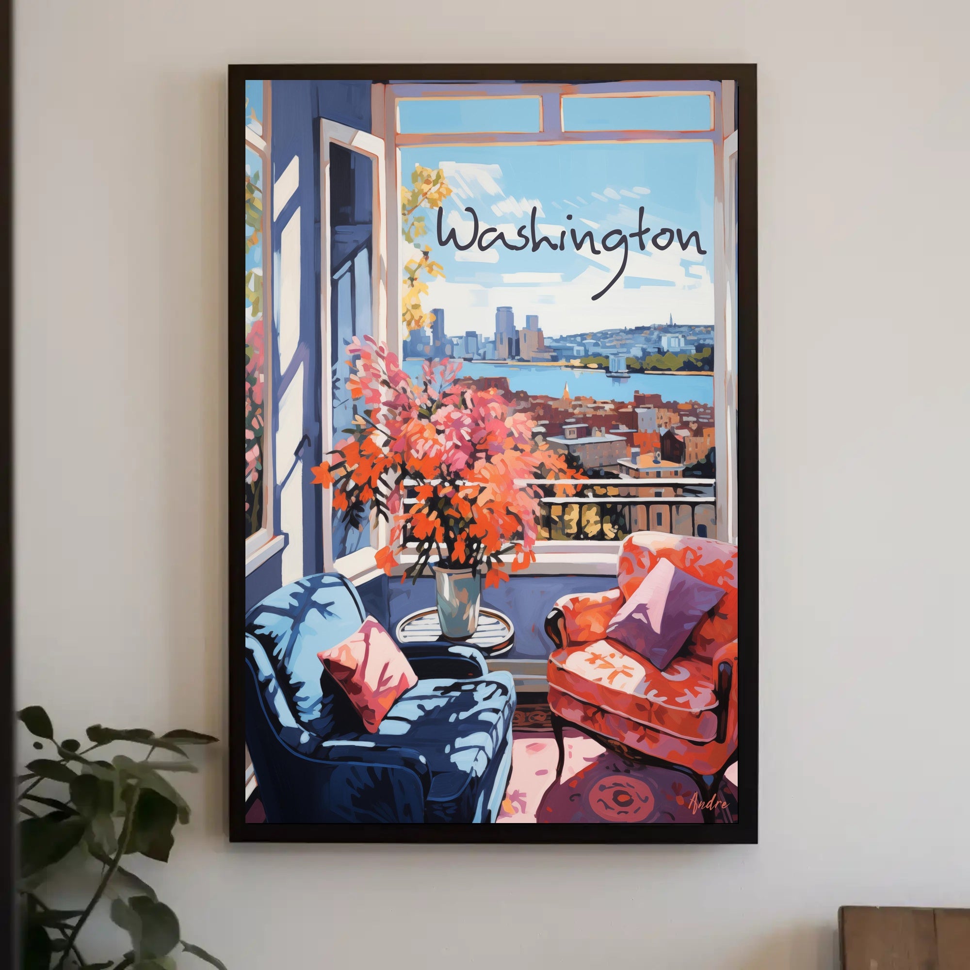 Inviting Urban View: Cozy Interior Cityscape Poster