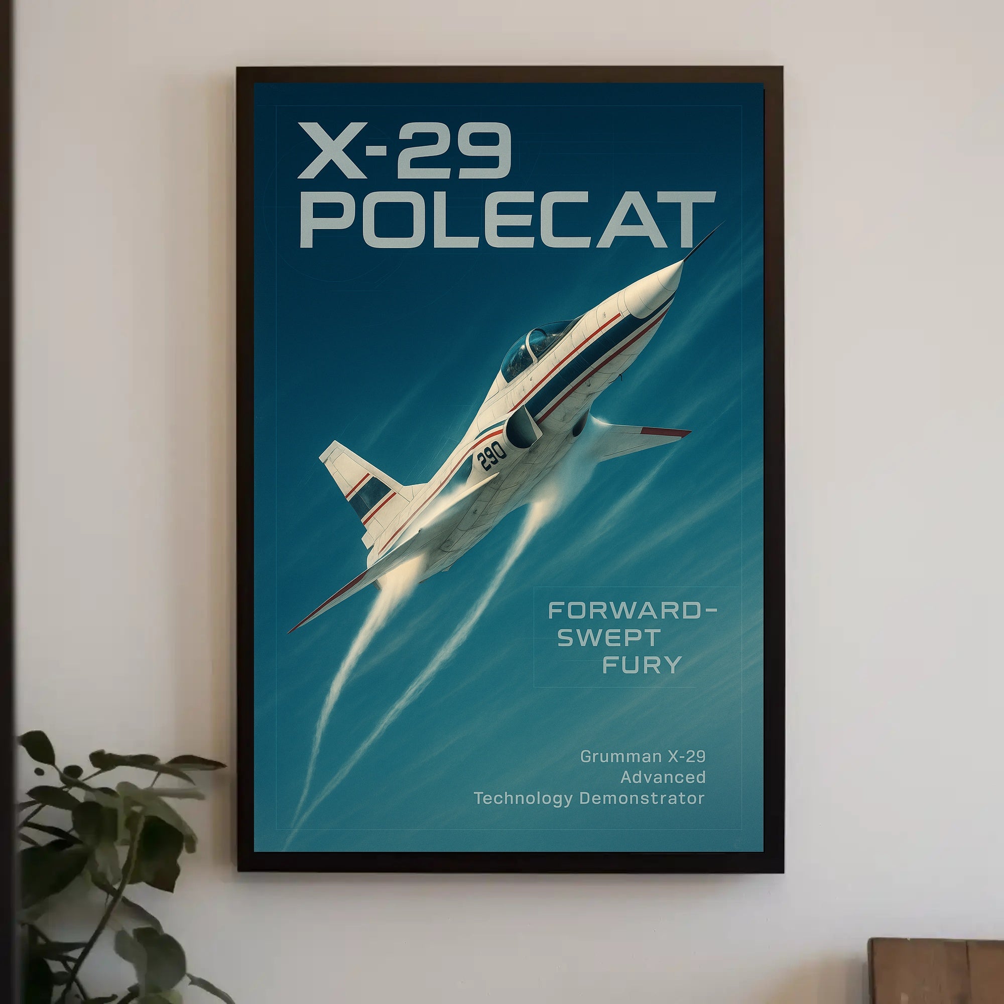 Grumman X-29 Aviation Masterpiece Against Clear Blue Sky: Futuristic Sci-Fi Poster