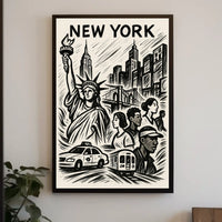 New York City Iconic Landmarks Poster Vintage Wall Art