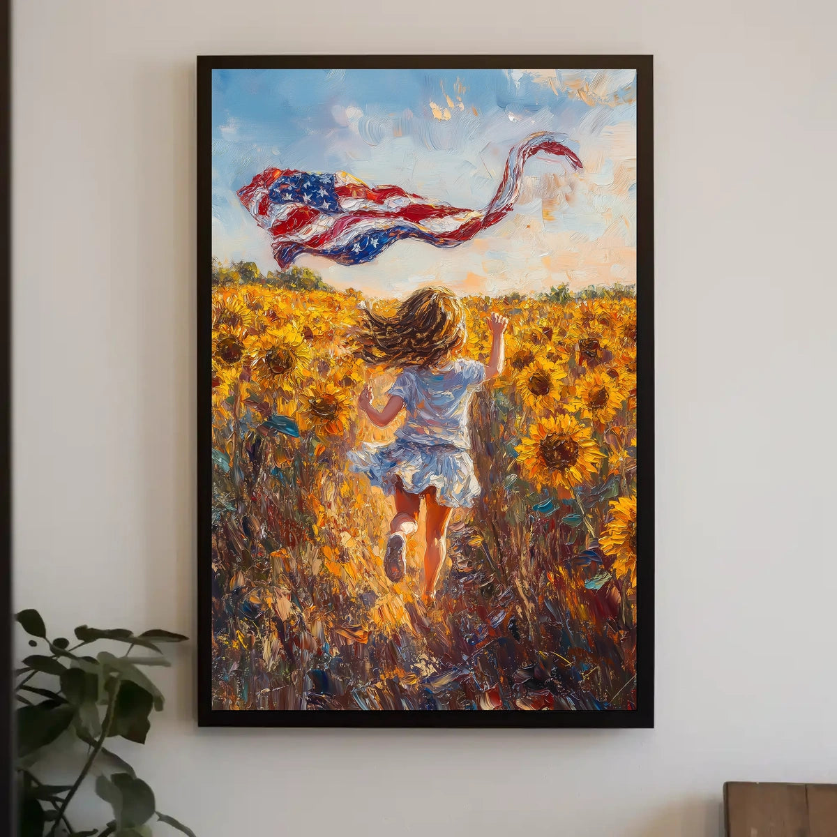 Child Running Through Sunflower Field At Golden Hour Poster