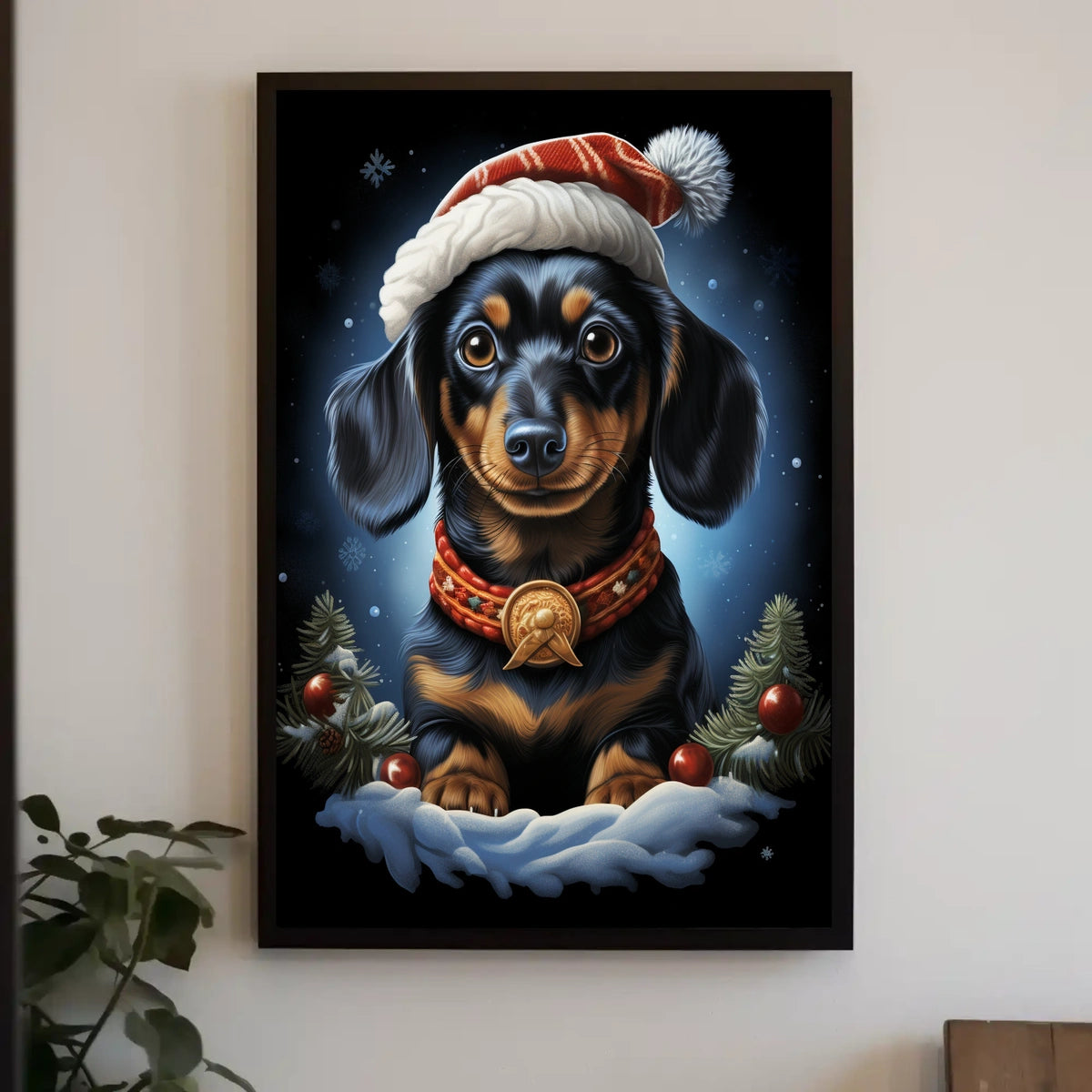 Festive Dachshund Illustration with Santa Hat Dog Breed Poster