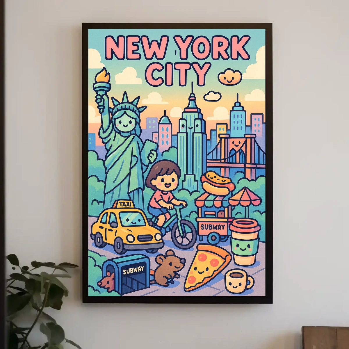 New York City Whimsical Cartoon Poster Modern Wall Art