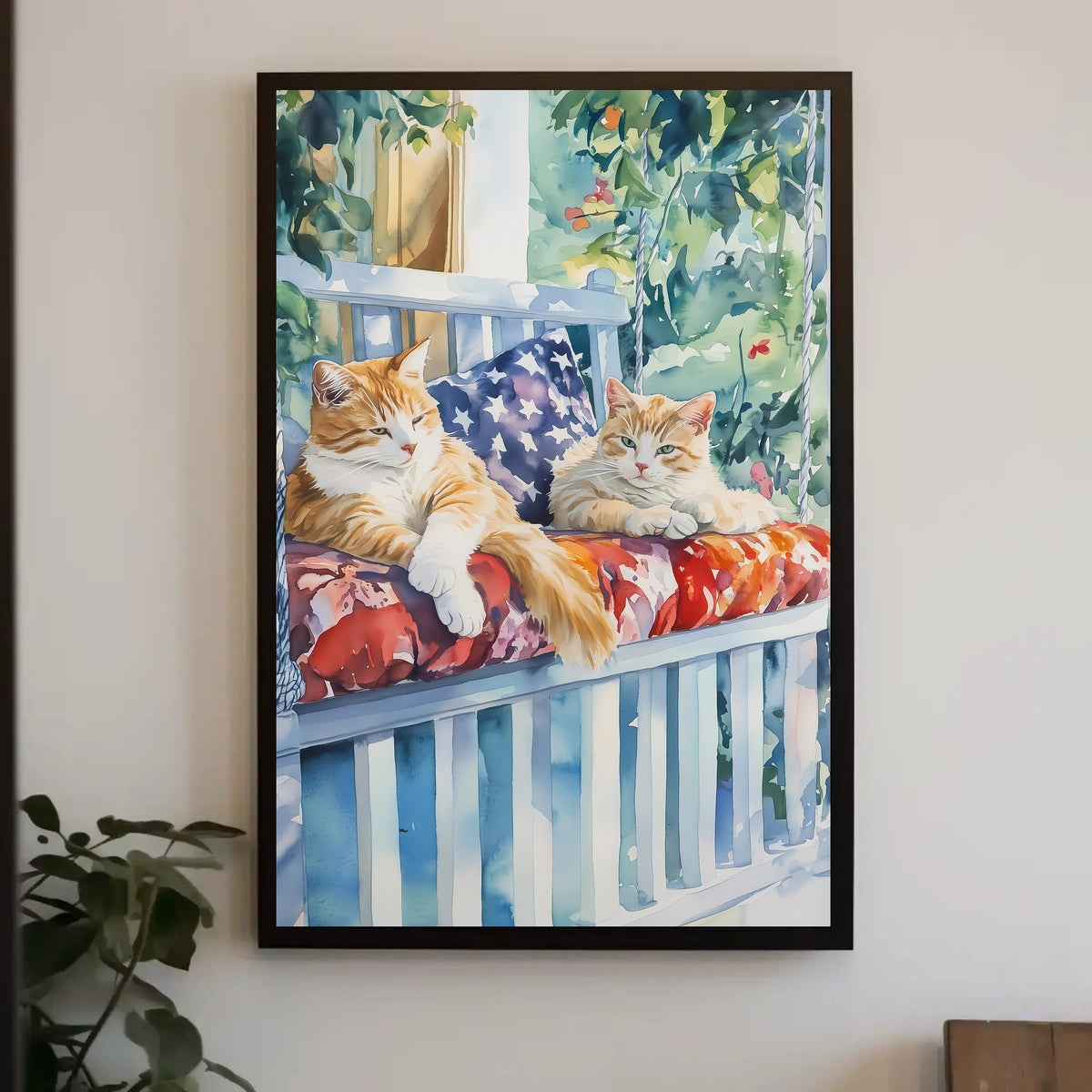 Two Cats Lounging On A Sunny Front Porch Swing Poster