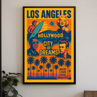 The poster is a vibrant tribute to Los Angeles, specifically highlighting Hollywood as Travel Poster