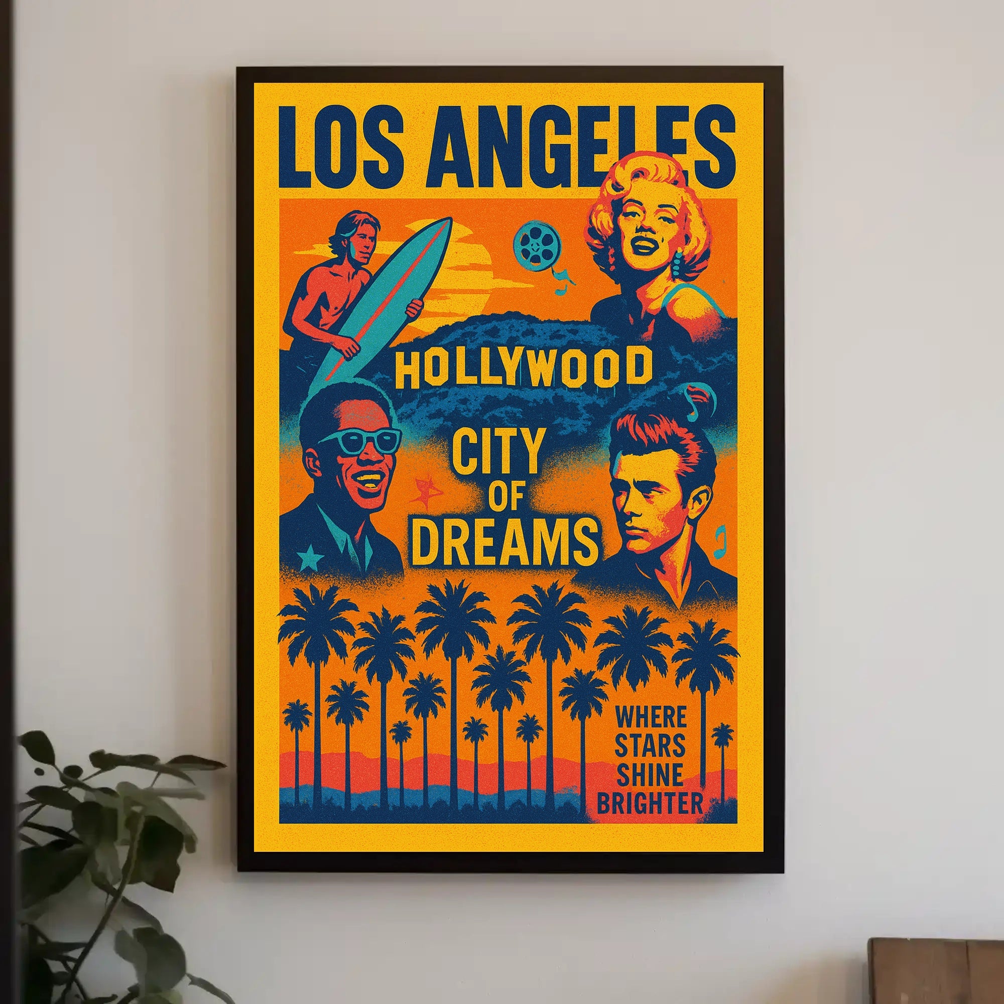 The poster is a vibrant tribute to Los Angeles, specifically highlighting Hollywood as Travel Poster