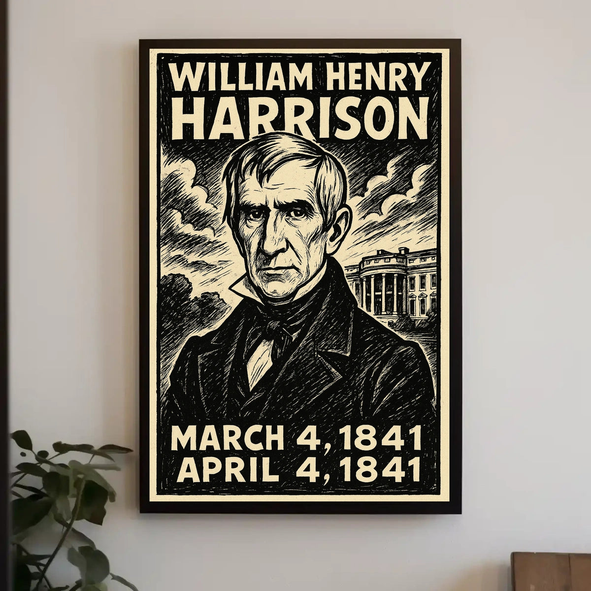 William Henry Harrison 9th President of the United States B & W Comic Sketch Poster