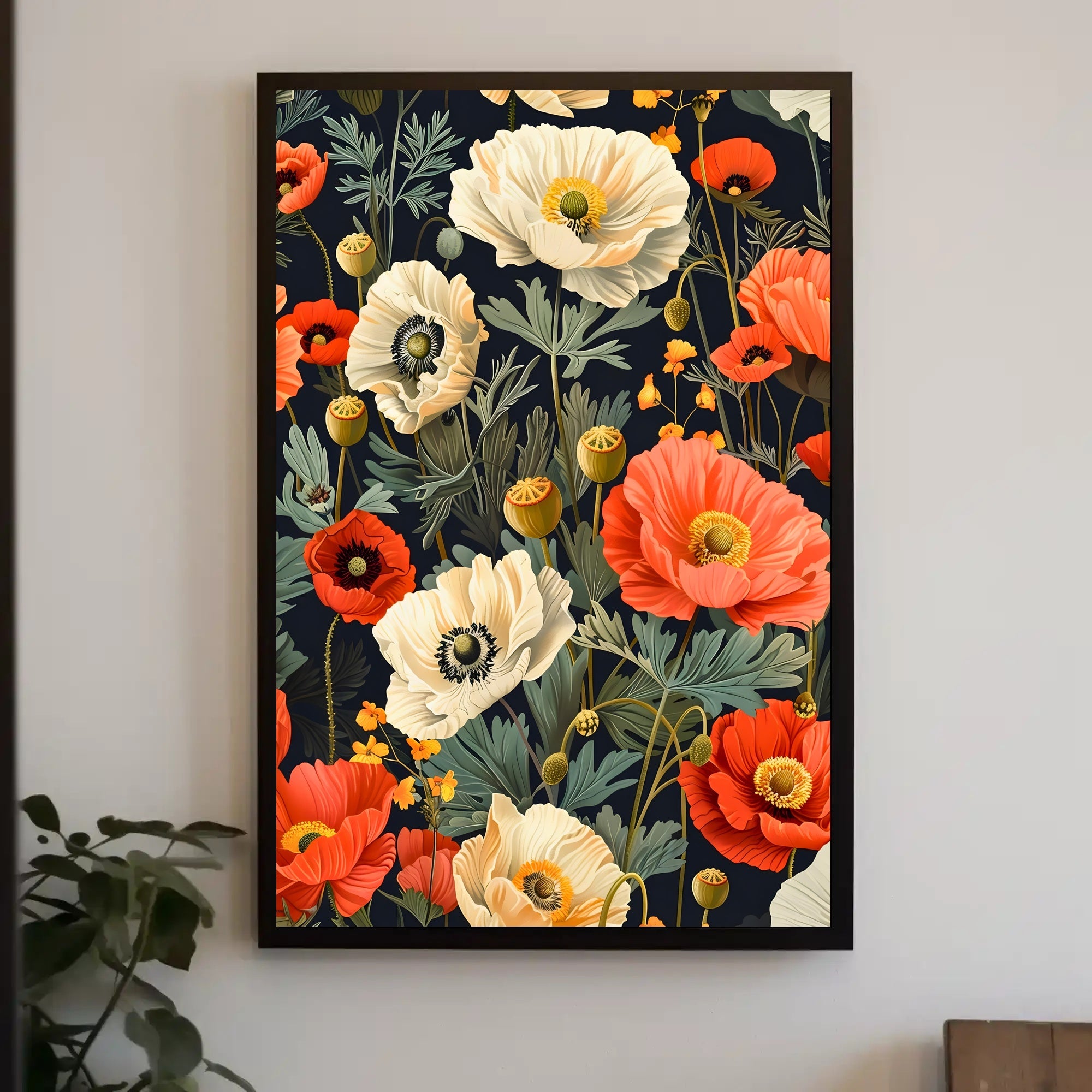 Lush Botanical Garden Scene with Poppies Artistic Poster