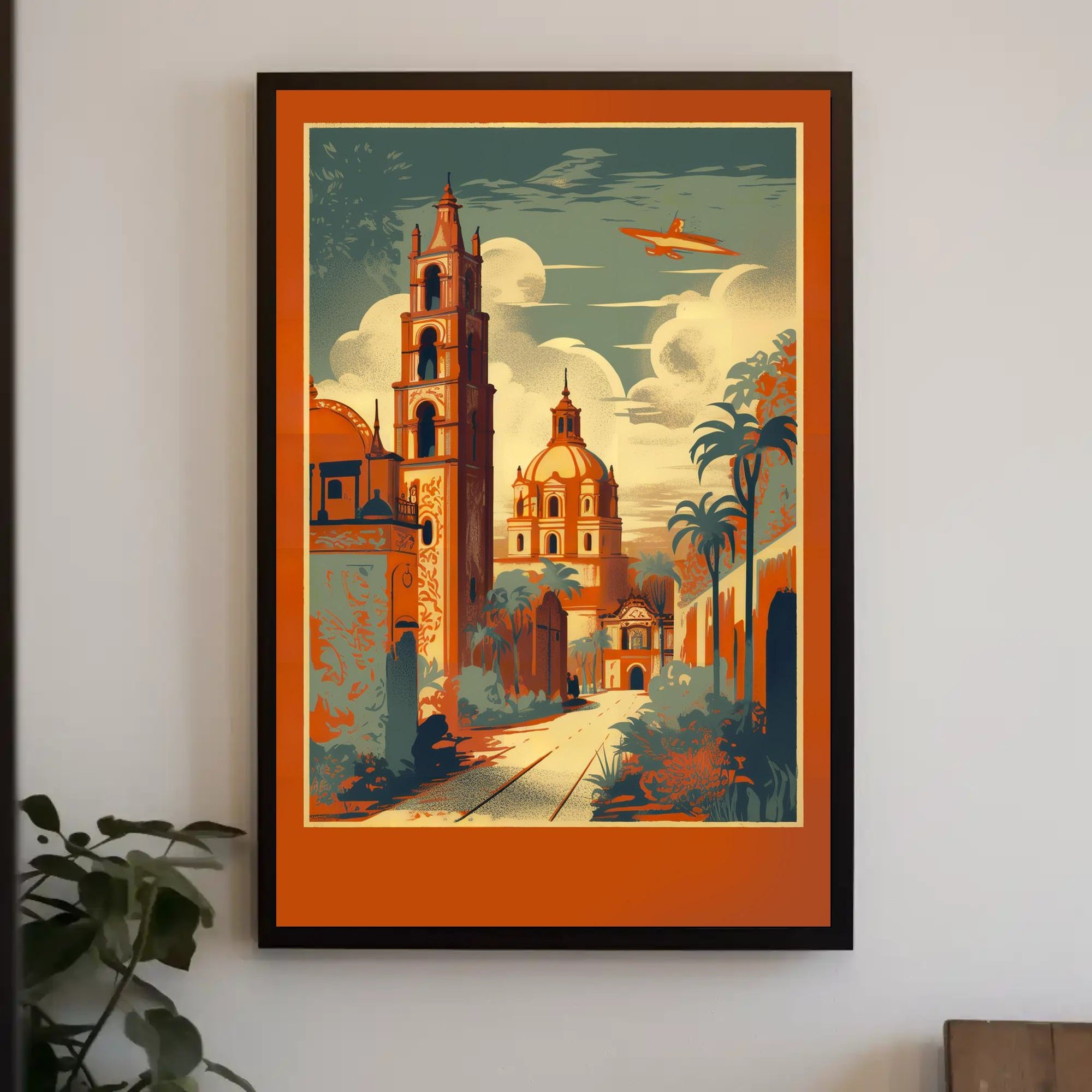 Vibrant Cityscape with Soaring Plane Poster