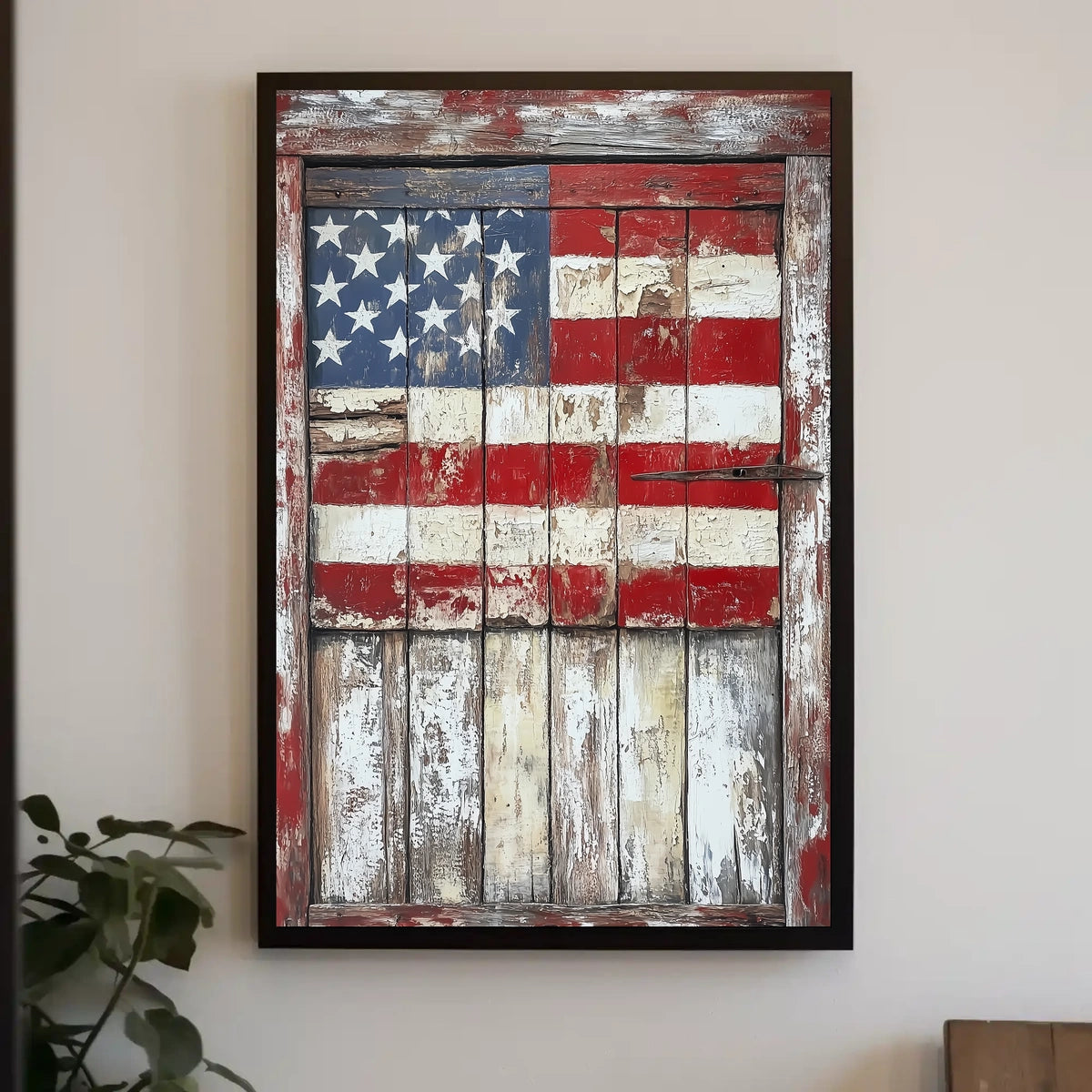 Rustic Wooden Barn Door With Faded American Flag Poster