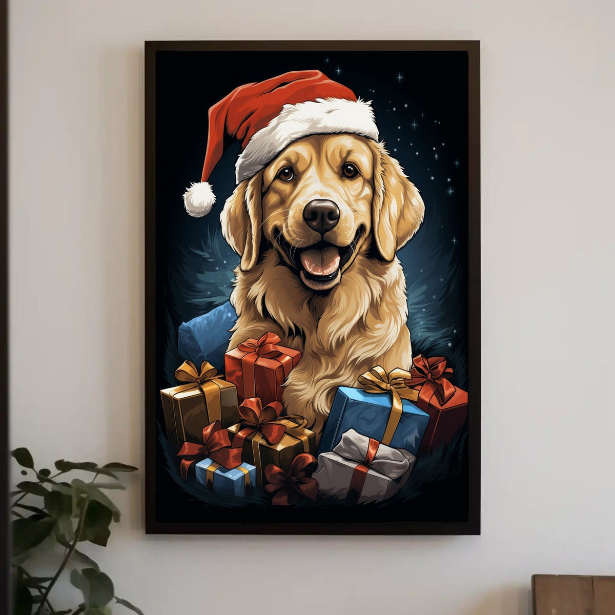 Golden Retriever Christmas Poster with Santa Hat