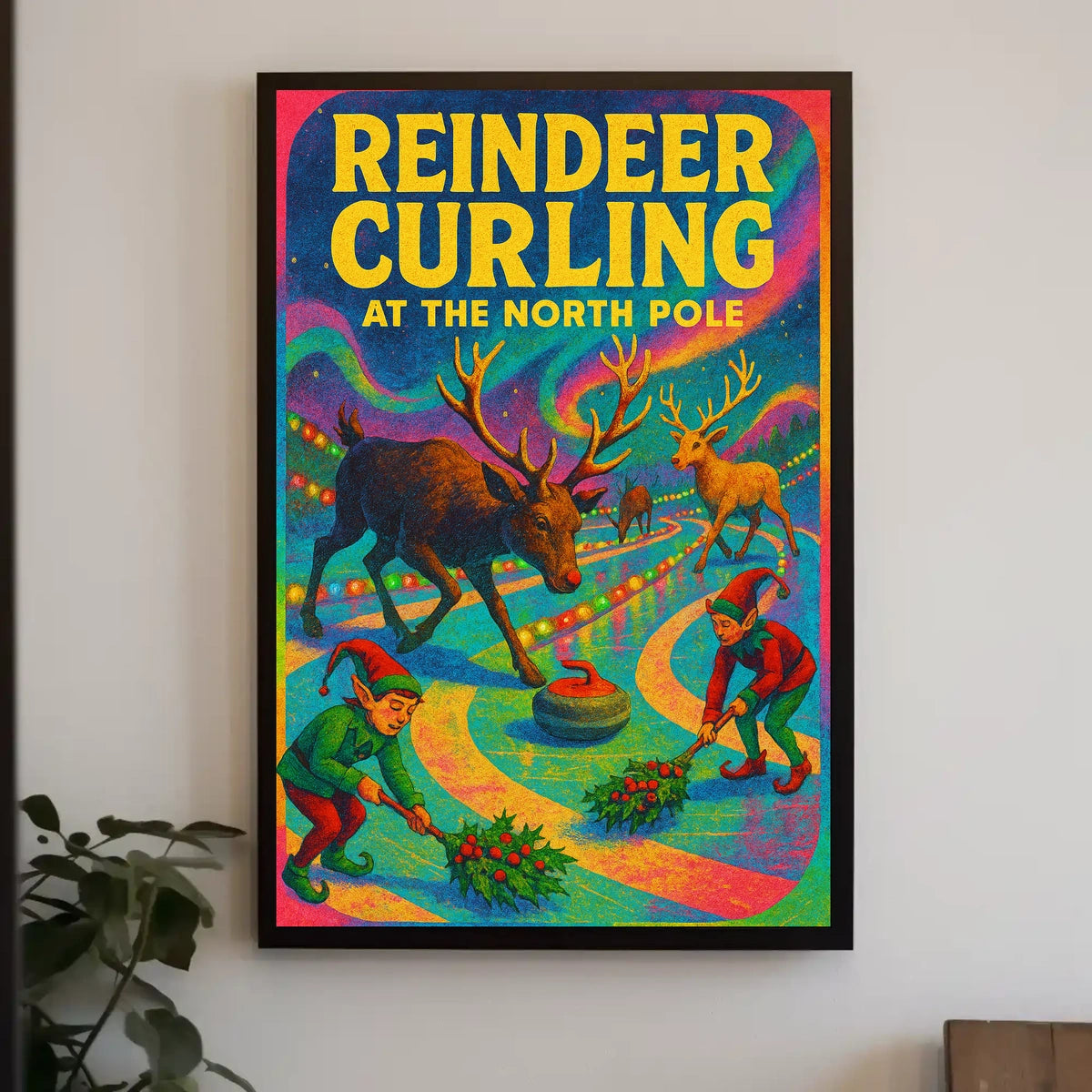 Reindeer Curling at the North Pole Poster