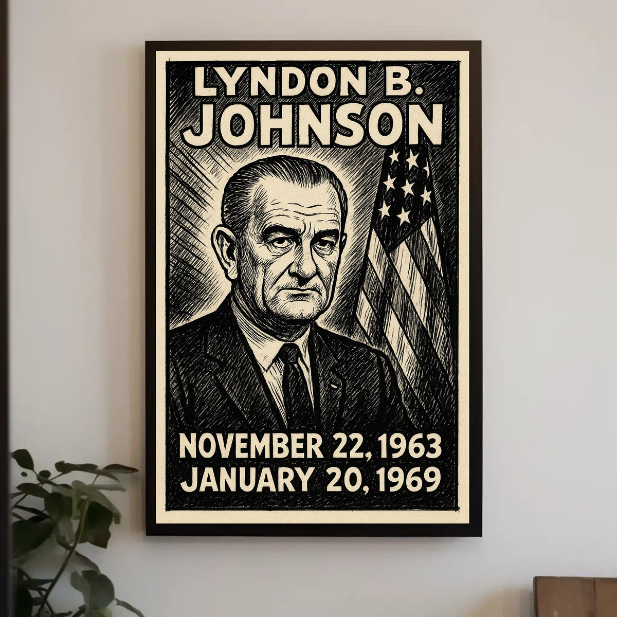 Lyndon B. Johnson 36th President of the United States B & W Comic Sketch Poster