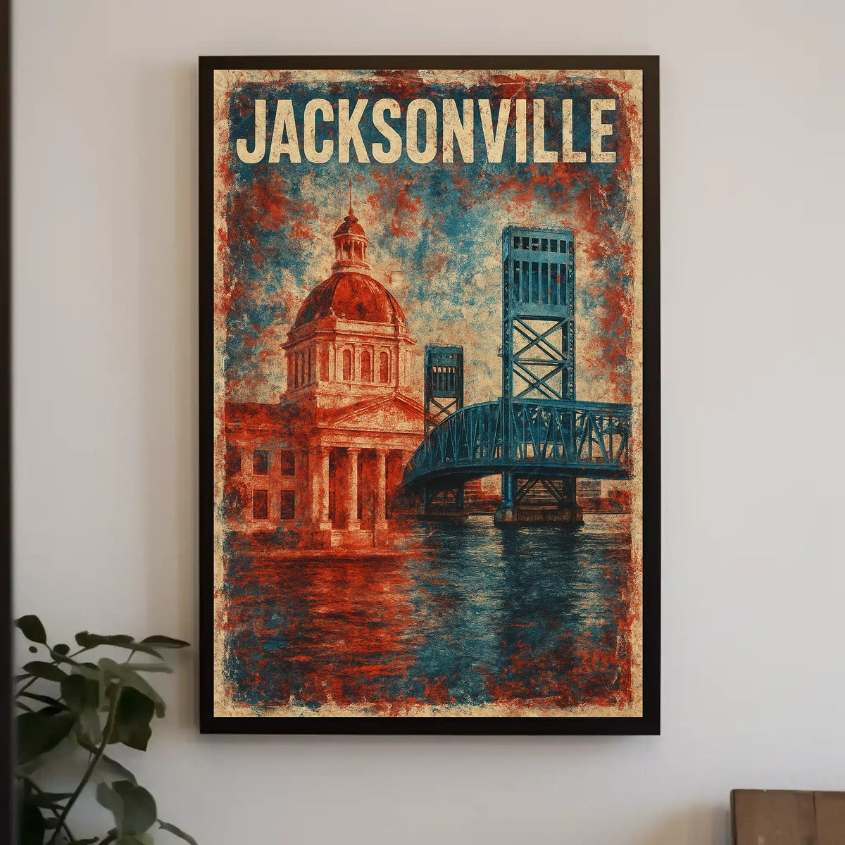 Jacksonville Landmarks Americana Cityscape Watercolor Florida Skyline Heritage Texture Patriotic Poster