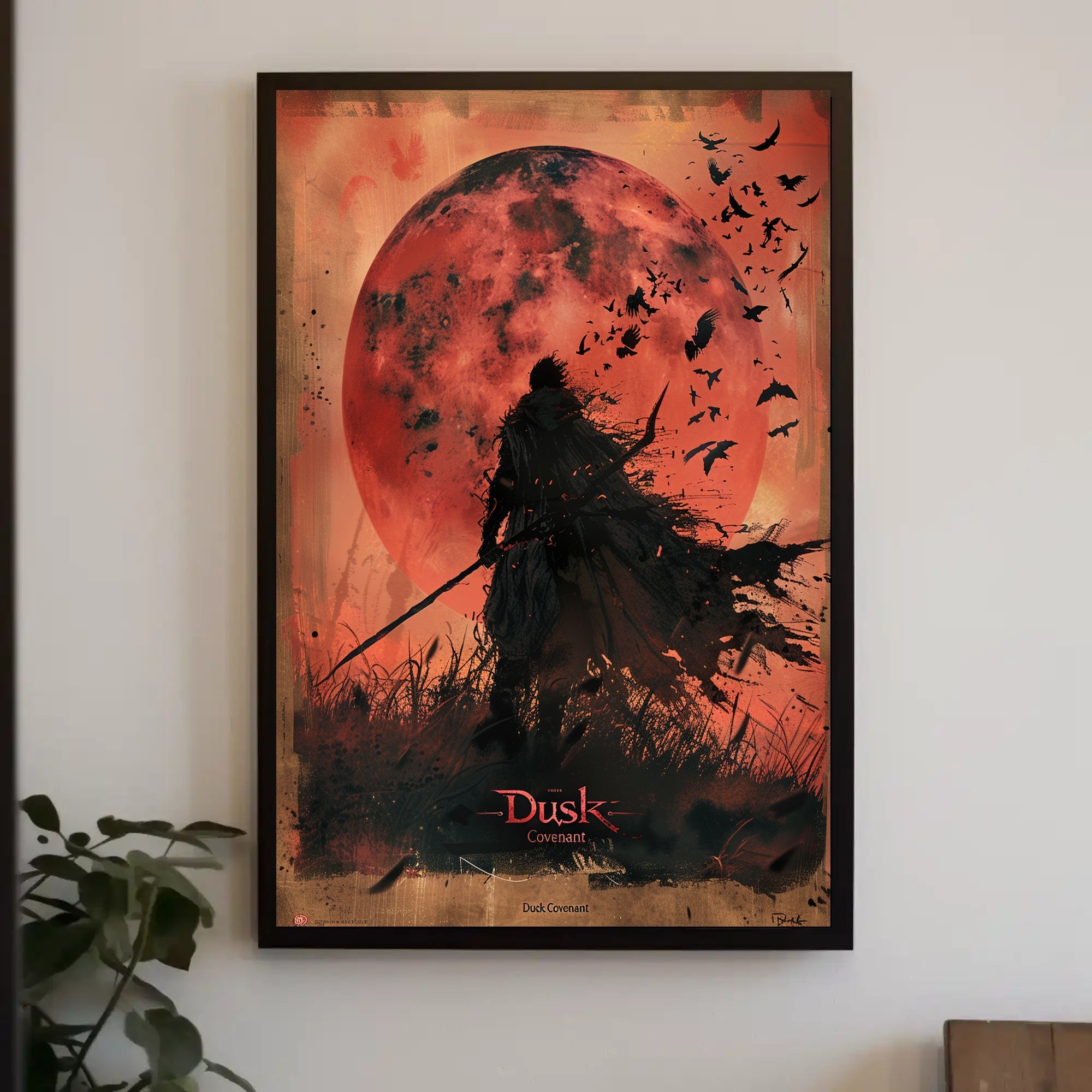 Silhouetted Warrior Against Red Moon Fantasy or Mythology Poster PosterGoat