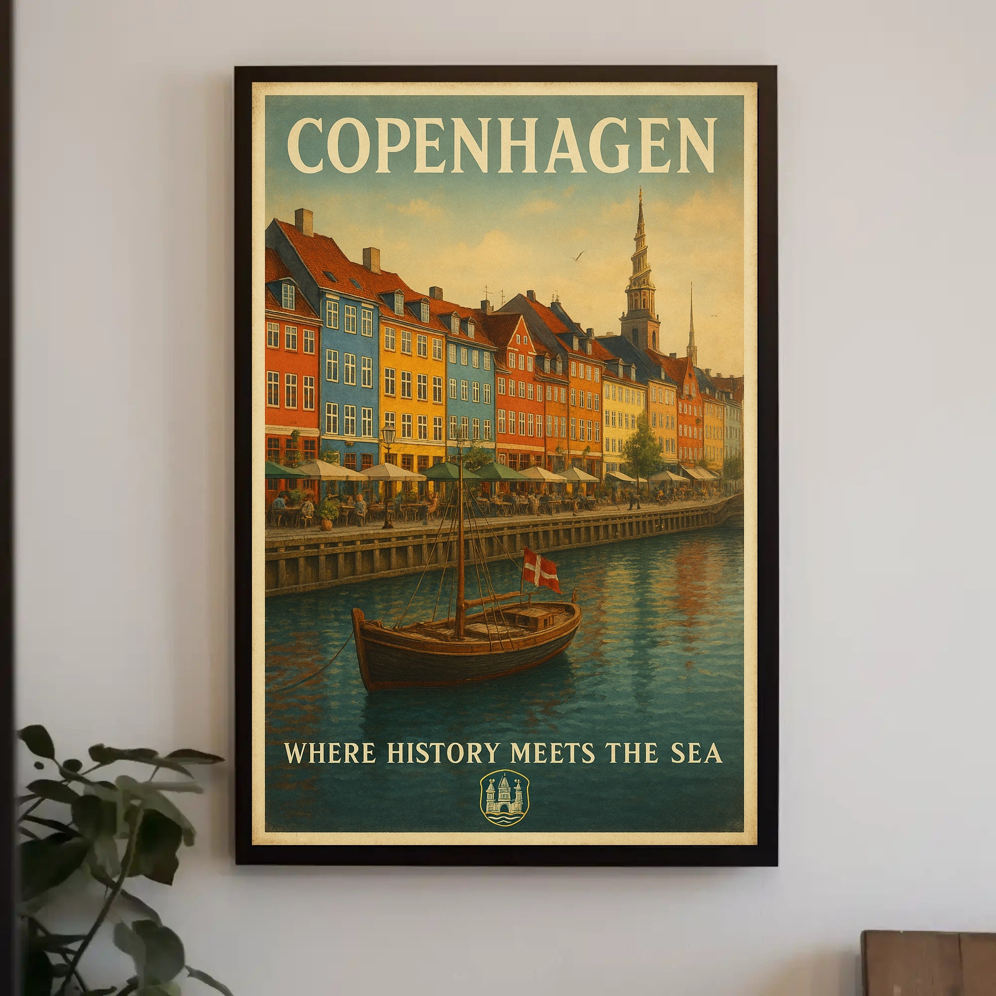 Copenhagen Waterfront Nyhavn Vintage Travel Scene Poster