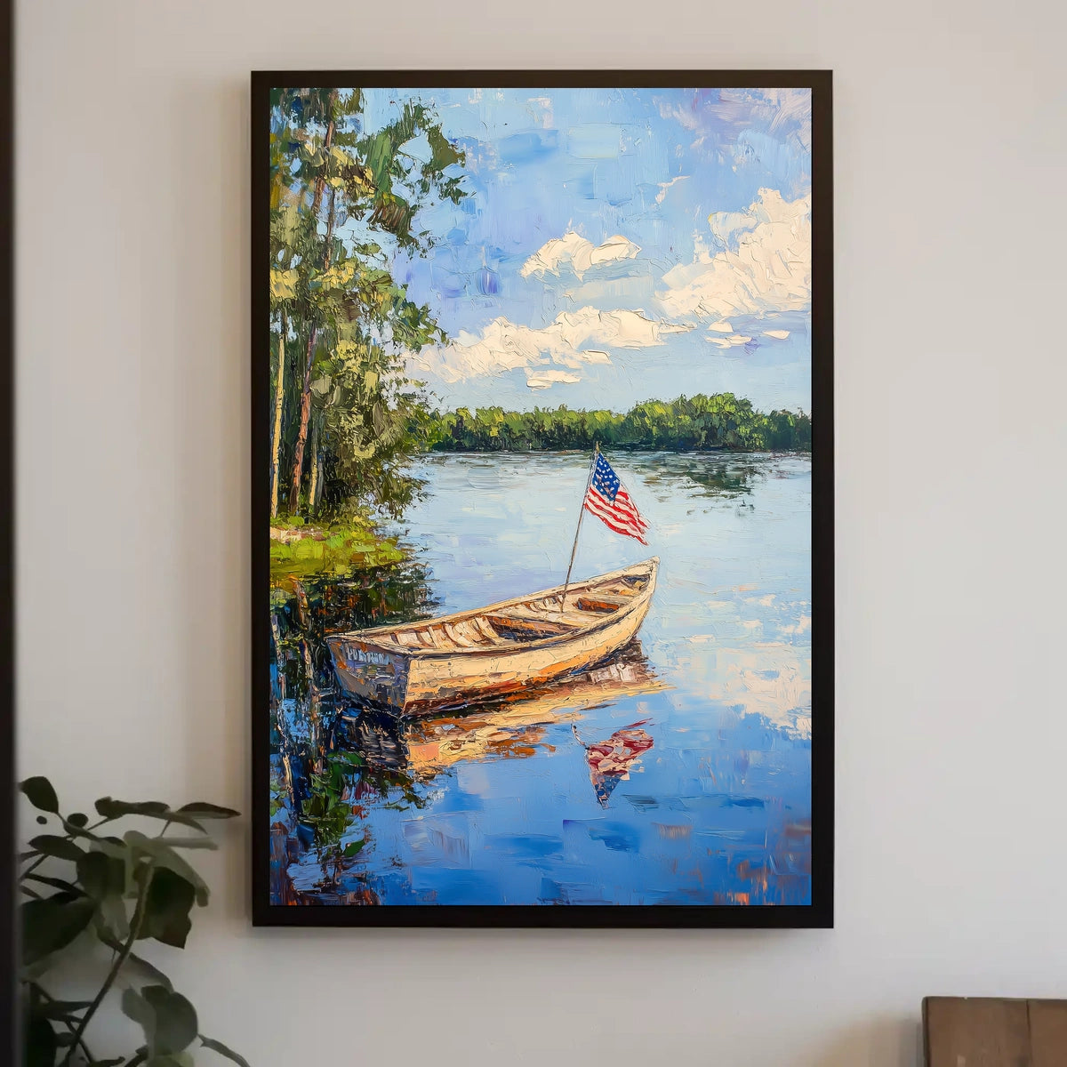 Tranquil Boat On A Calm Lake With American Flag Poster