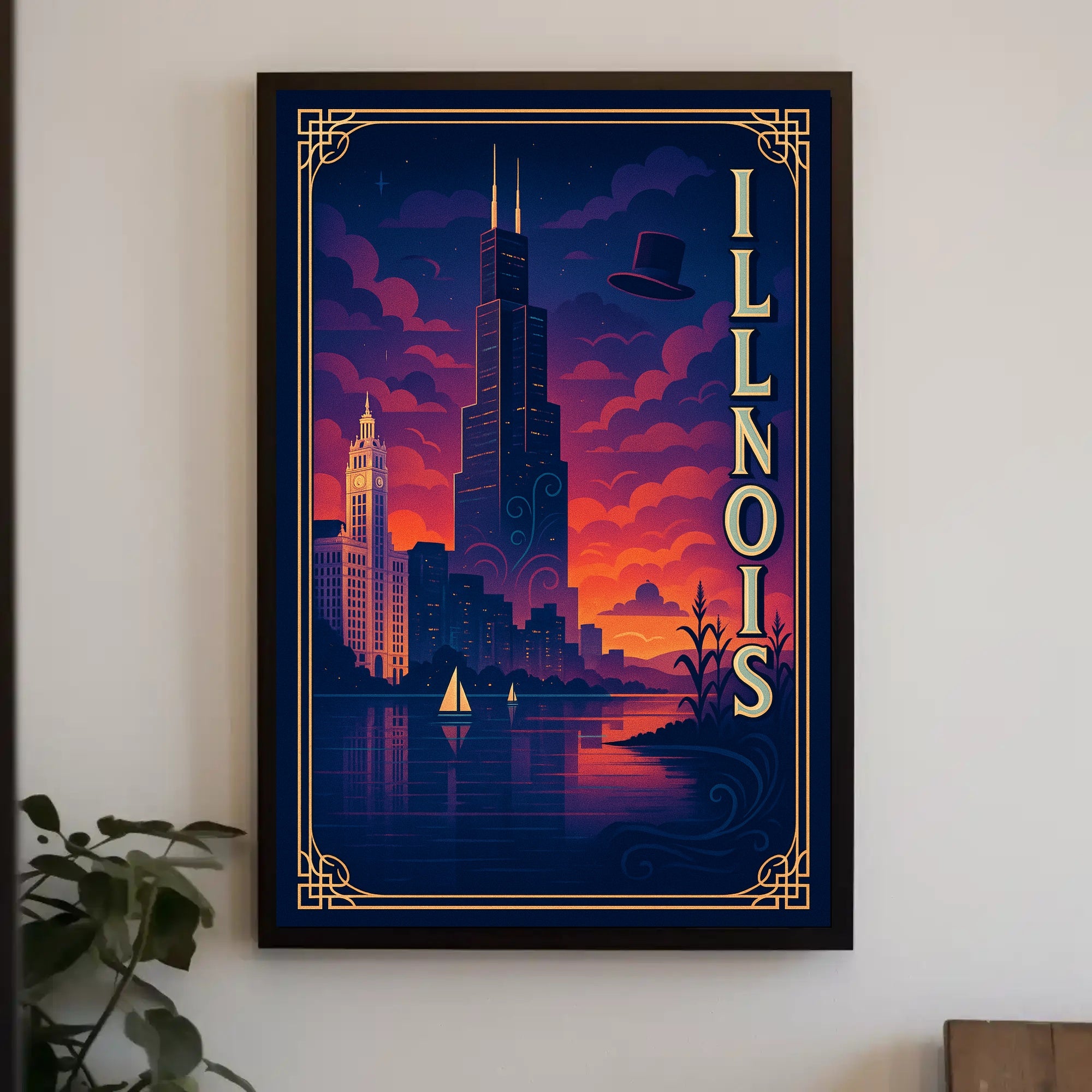Illinois Skyline at Sunset: Captivating Travel Poster