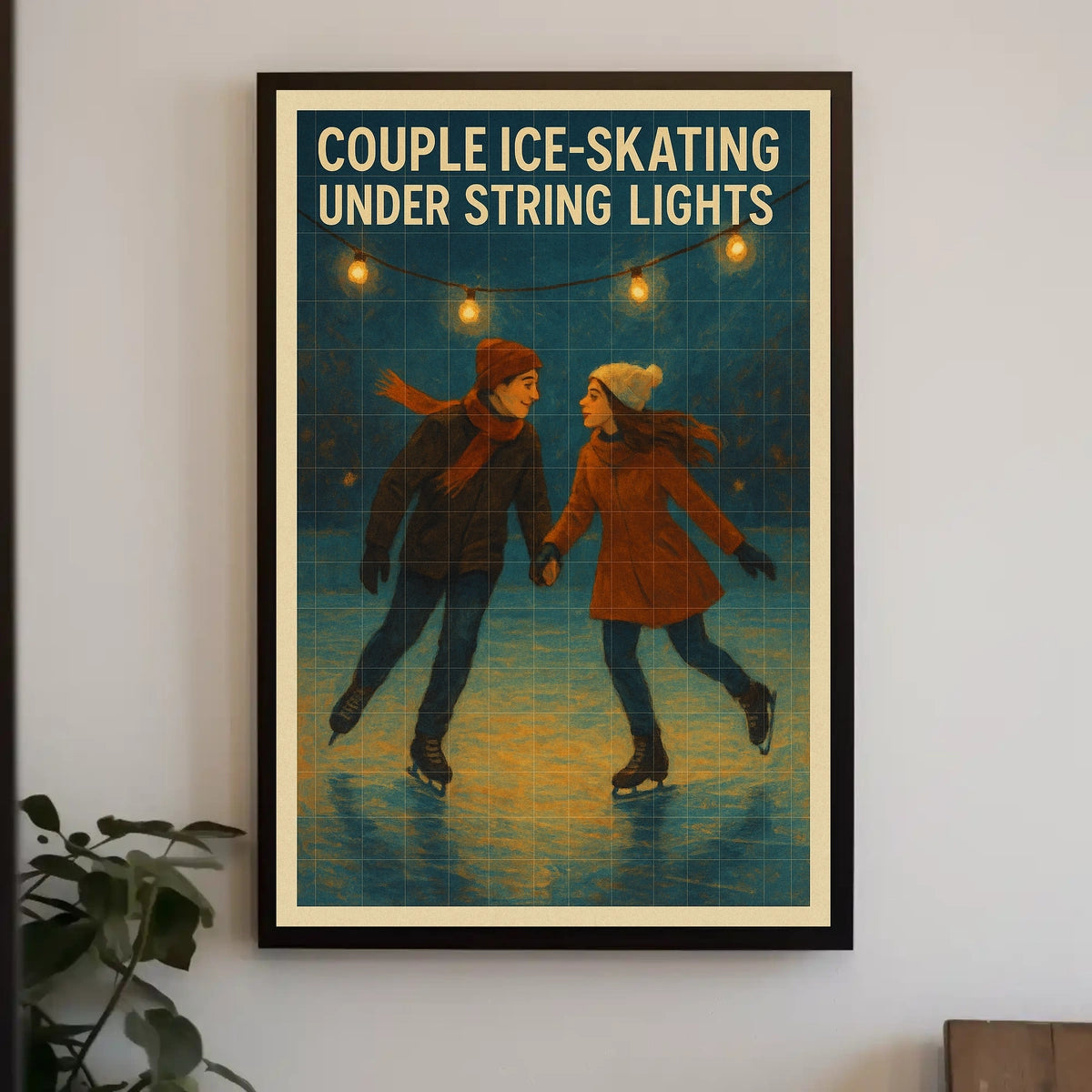 Couple Ice-Skating Under String Lights Poster