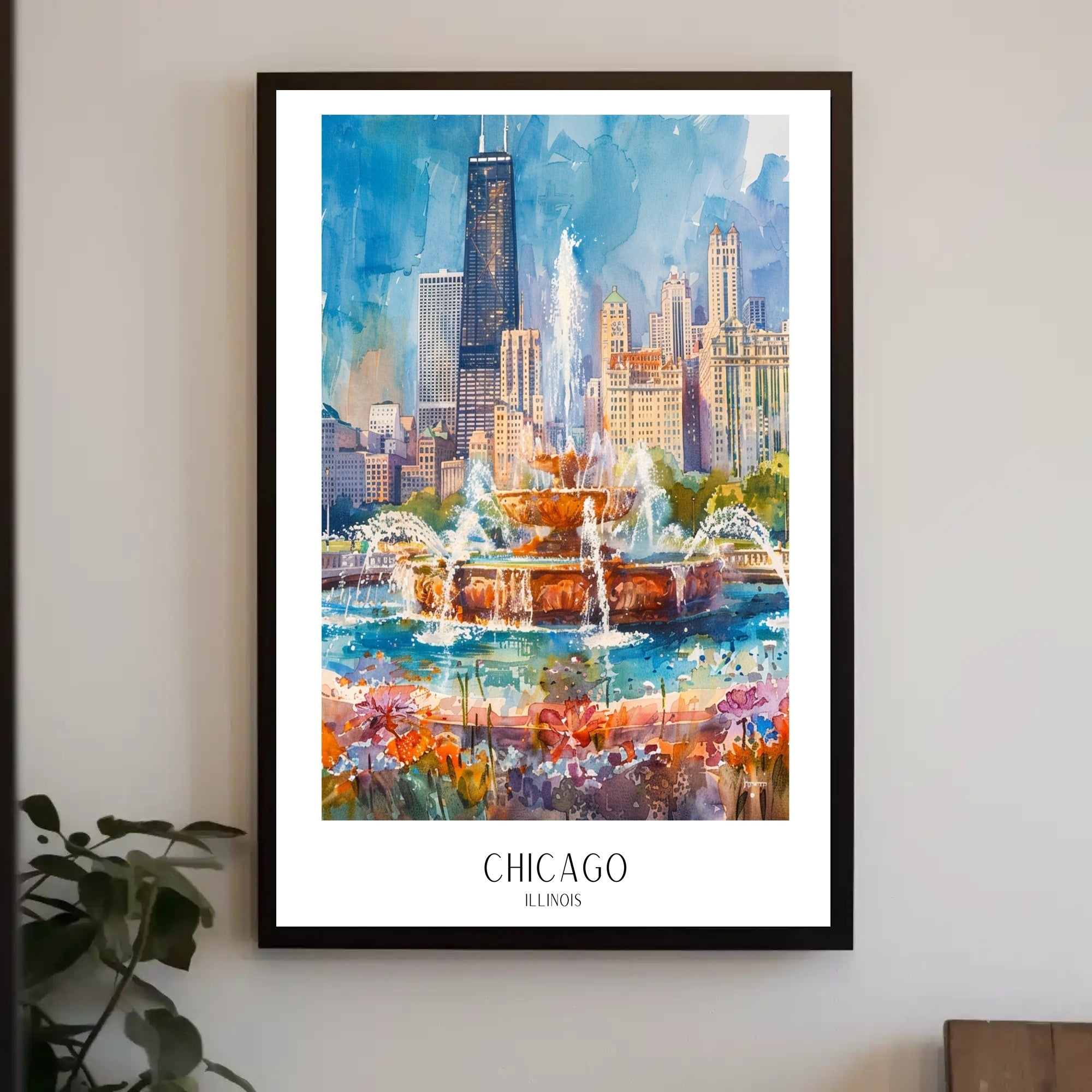 Vibrant Chicago Skyline Watercolor Urban or Cityscape Poster PosterGoat