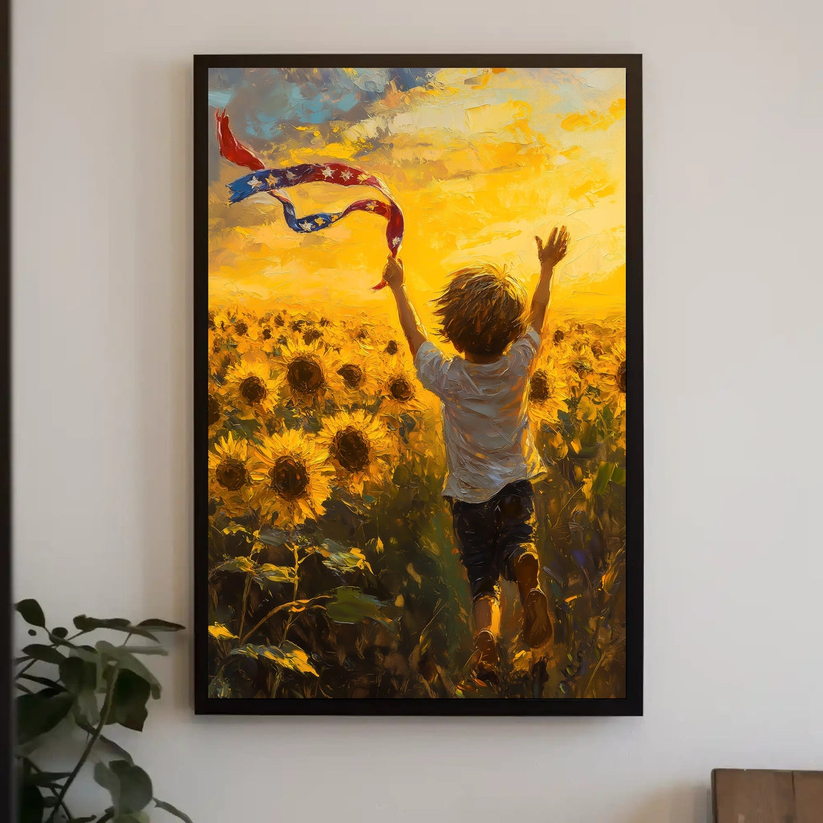 Child Running Through Sunflower Field At Golden Hour Poster