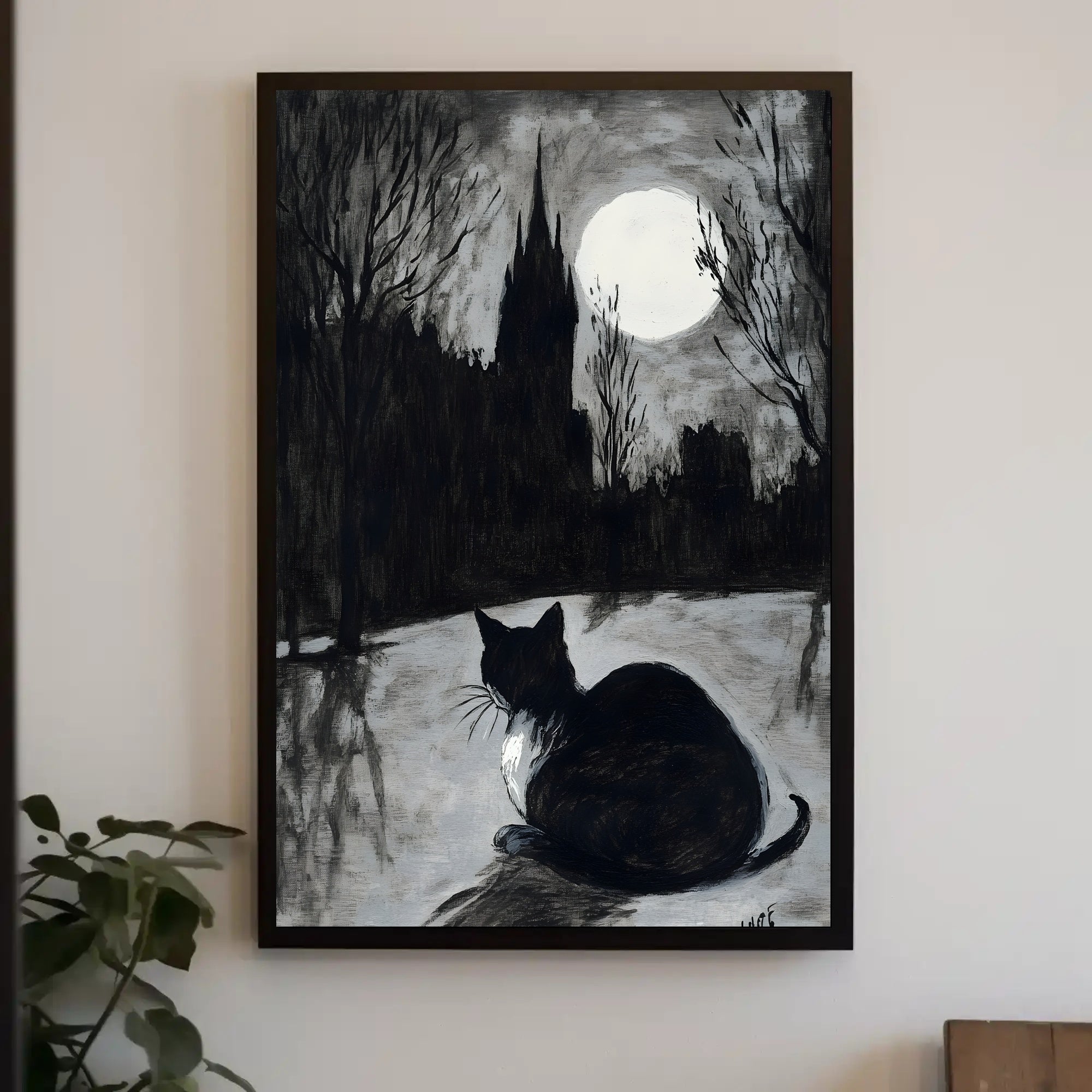 Moonlit Cat with Gothic Castle Artistic Poster PosterGoat