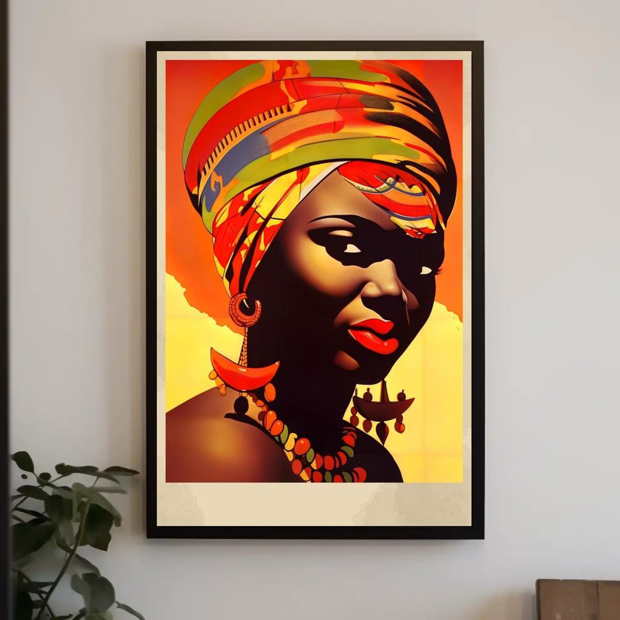 Vibrant Elegance: Woman with Colorful Headwrap and Bold Accessories Poster