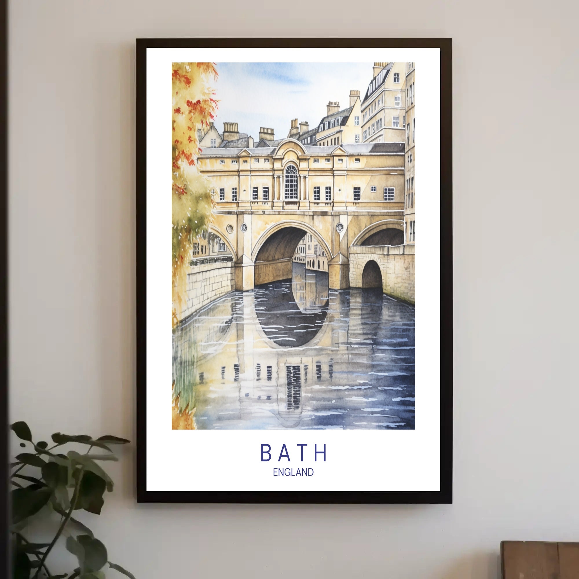 Iconic Pulteney Bridge in Bath Watercolor Urban Cityscape Poster PosterGoat
