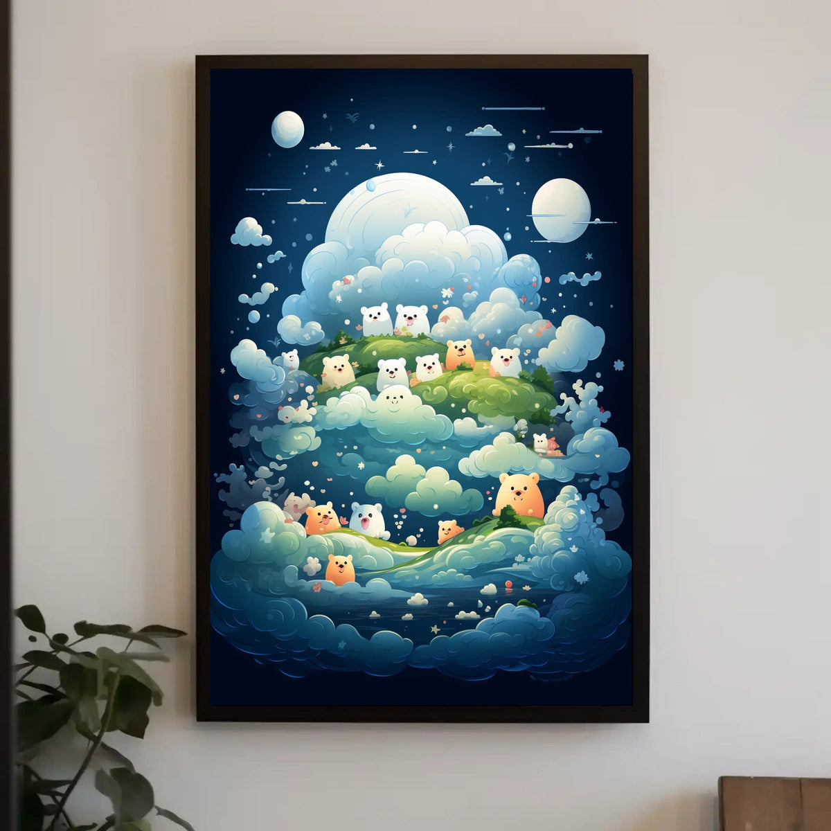 Whimsical Nightscape Poster with Dreamy Bear Creatures