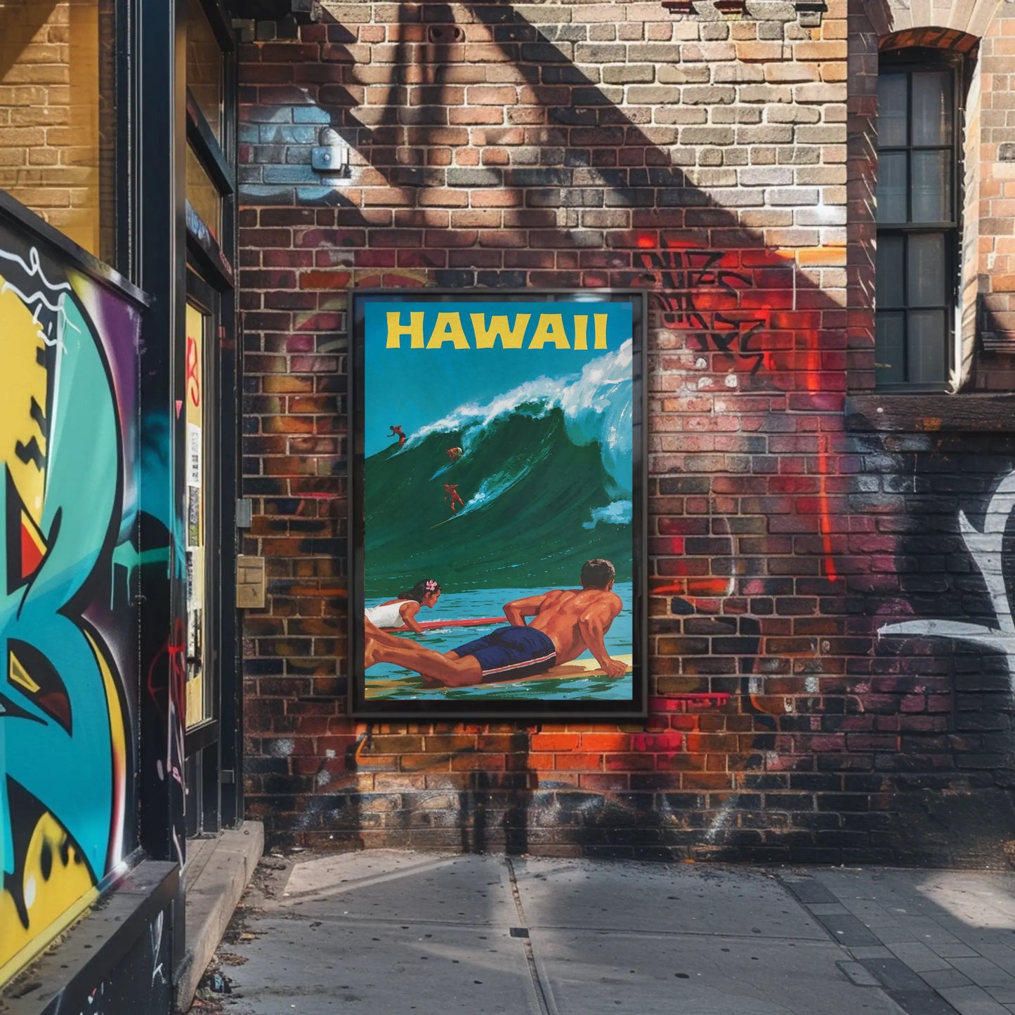 Hawaii Surfers Riding Giant Wave Ocean Travel Poster