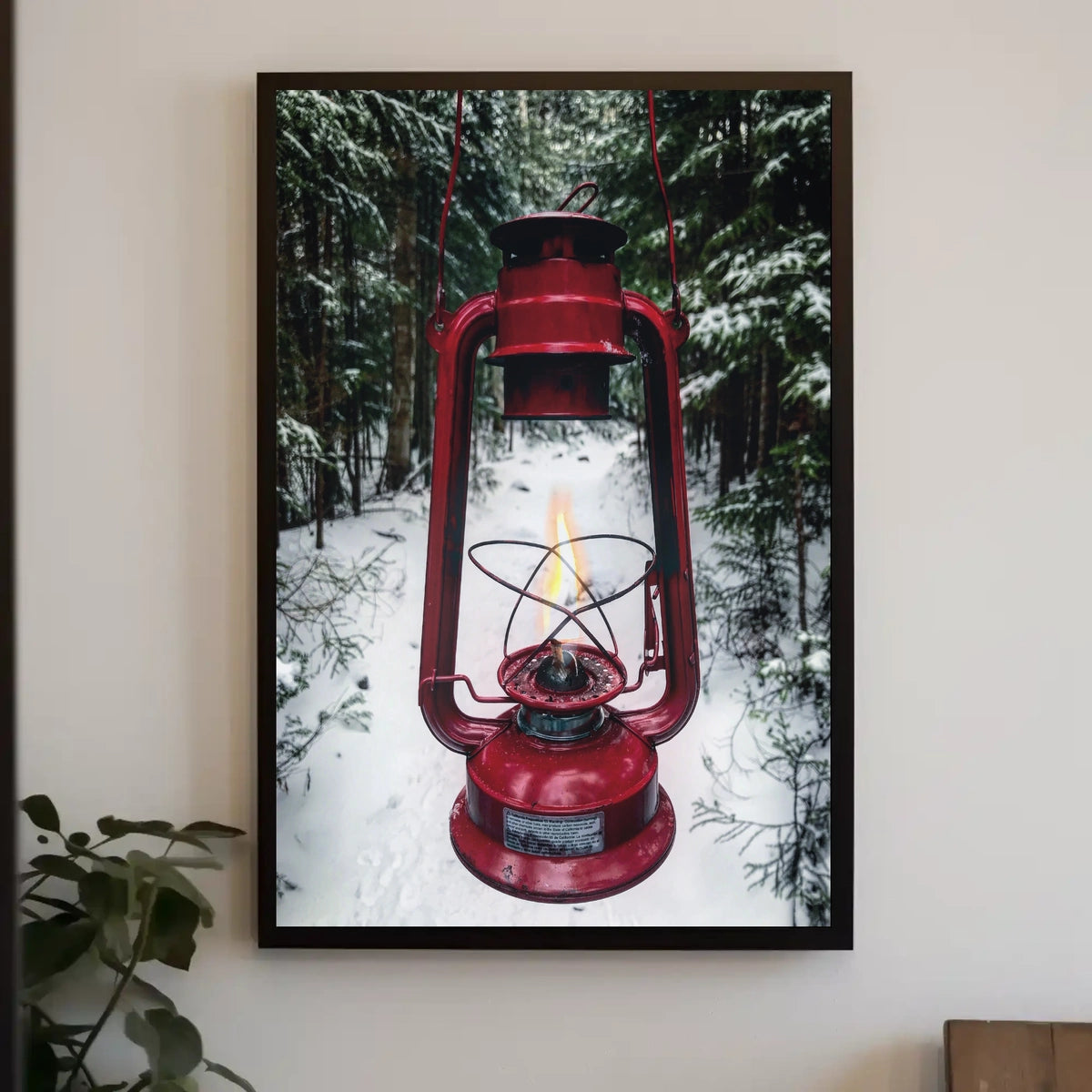 Red Lantern in Snowy Forest Adventure Travel Poster