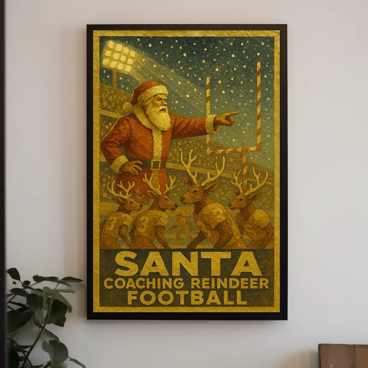 Santa Coaching Reindeer Football Poster