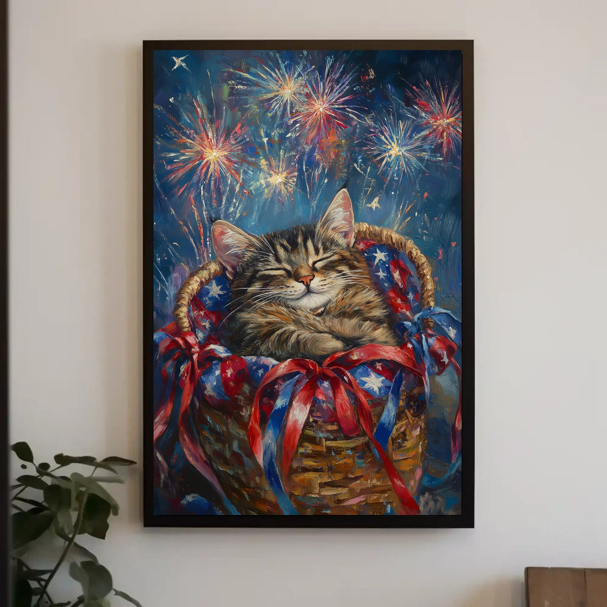 Brown Tabby Cat In Basket With Fireworks Flag Poster