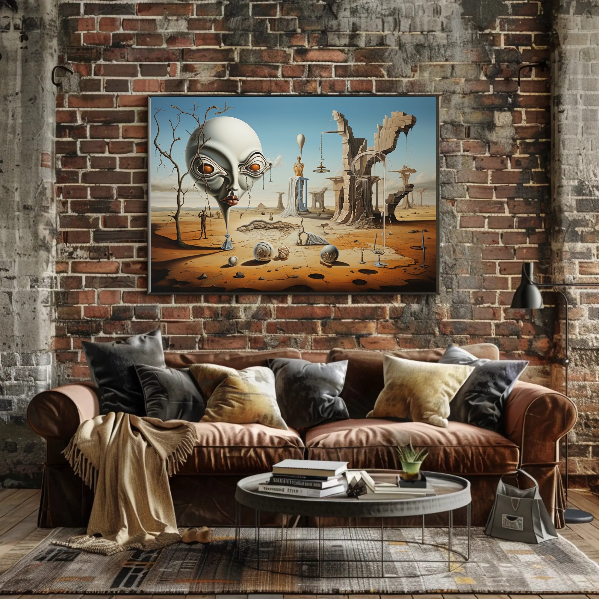 Surreal Desertscape with Abstract Alien Figure Artistic Poster